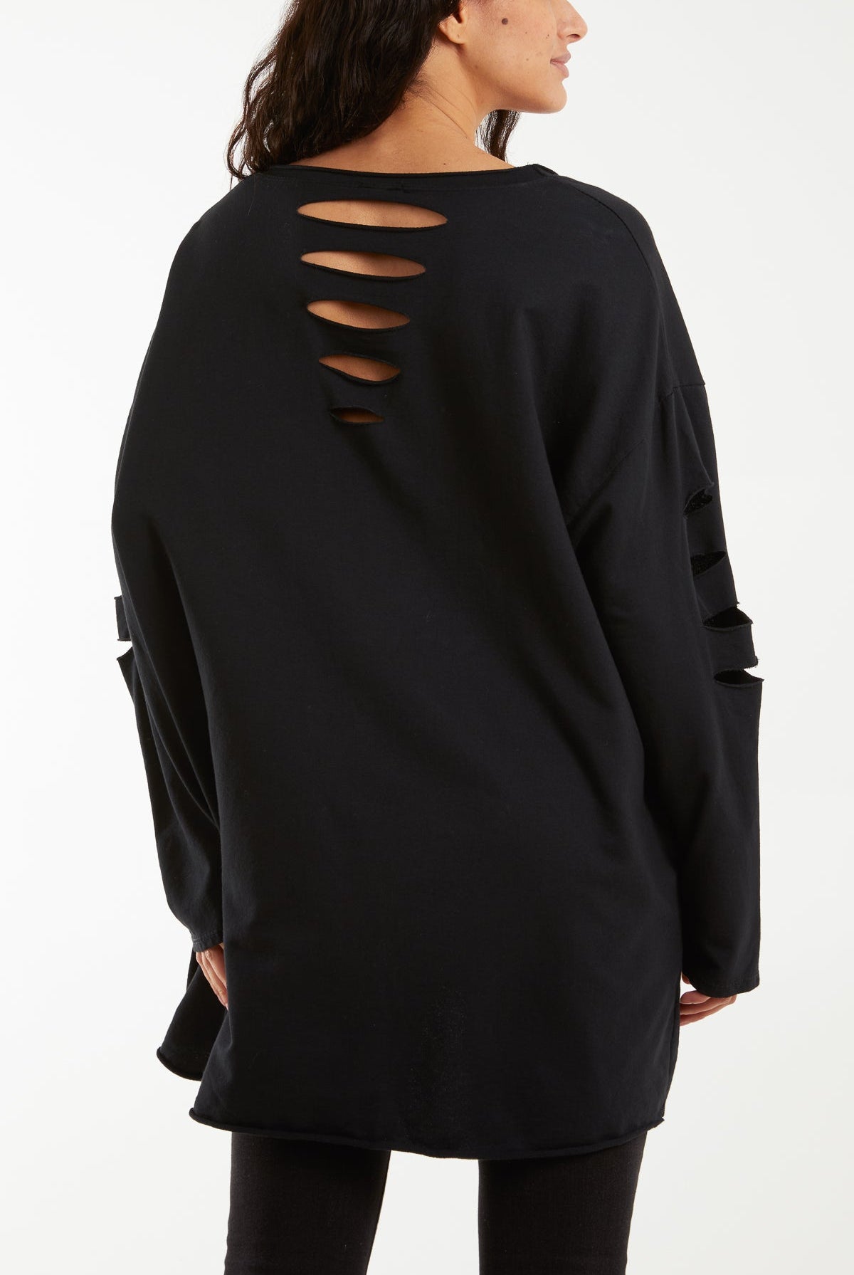 Sleeve & Back Distressed Cut Out long Top T-shirts WearAll