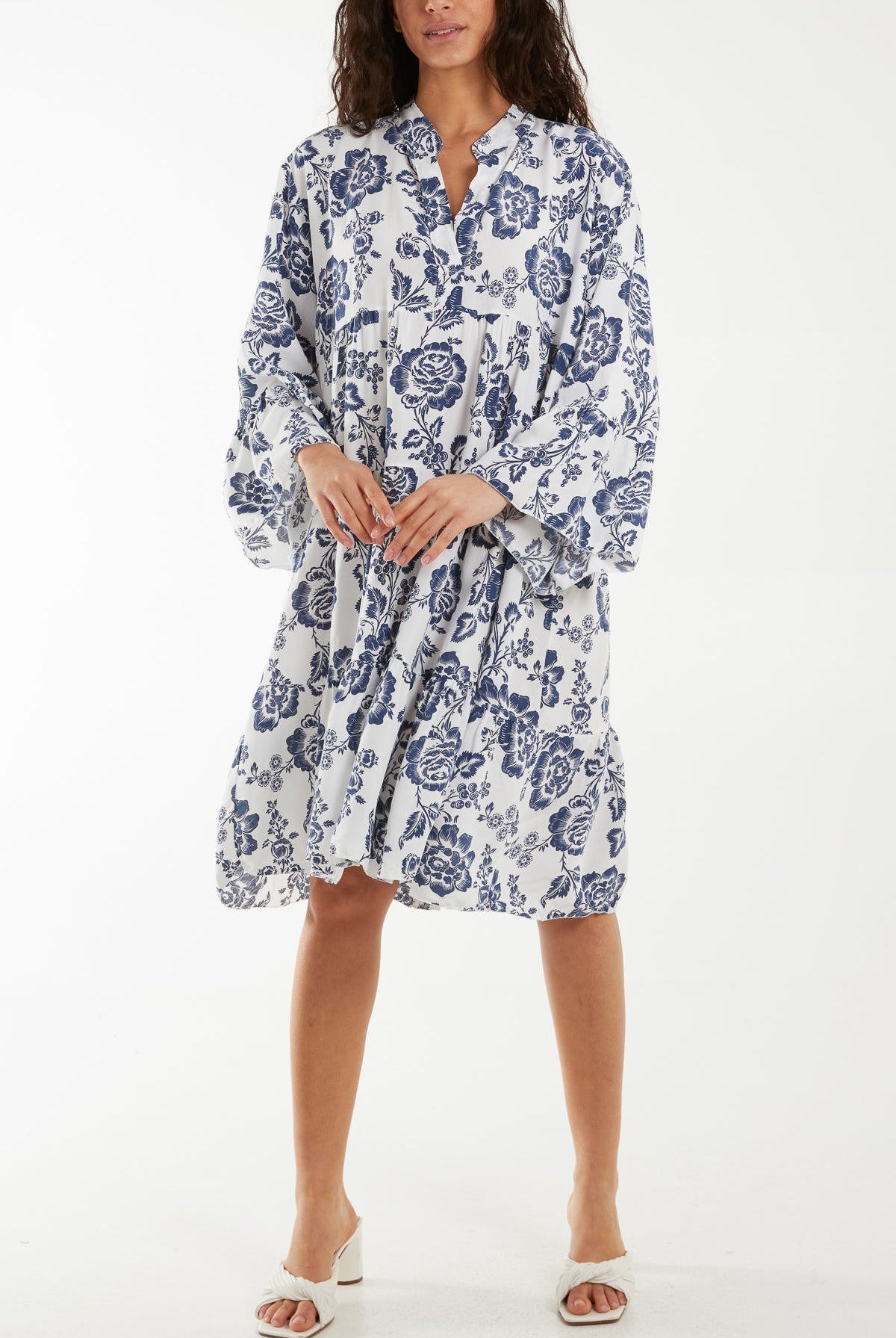 Roses Print Tiered Smock Dress Dresses WearAll Navy One Size
