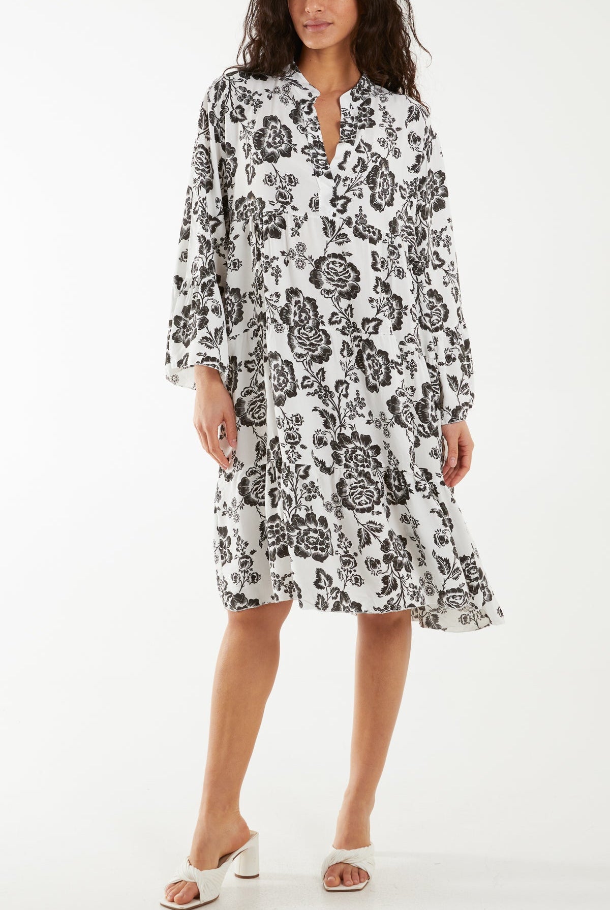 Roses Print Tiered Smock Dress Dresses WearAll Black One Size