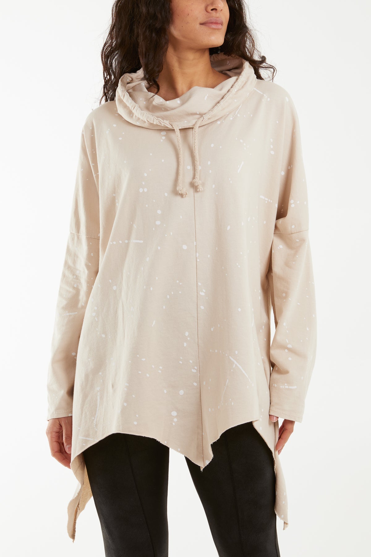 Paint Splatter Cowl Neck Hanky Hem Sweatshirt Sweatshirt WearAll Beige One Size