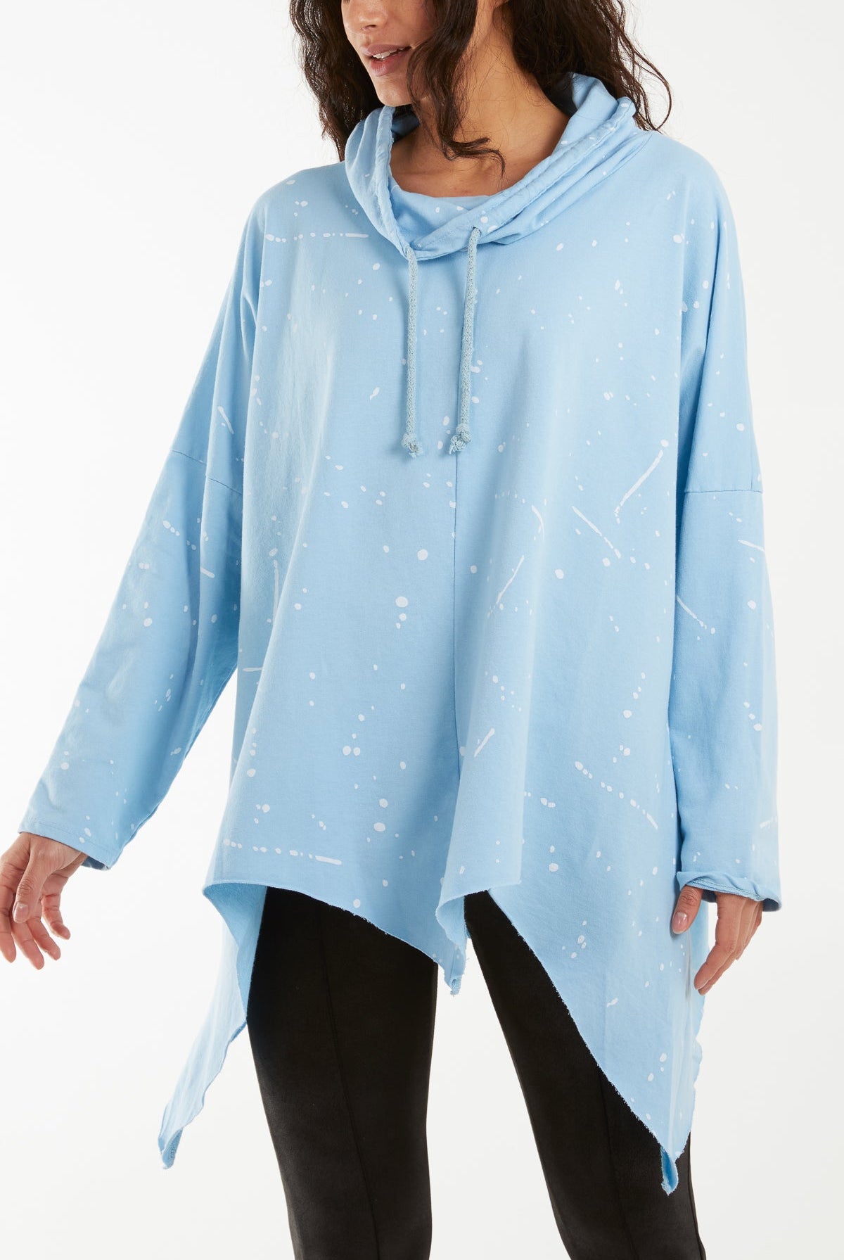 Paint Splatter Cowl Neck Hanky Hem Sweatshirt Sweatshirt WearAll Light Blue One Size