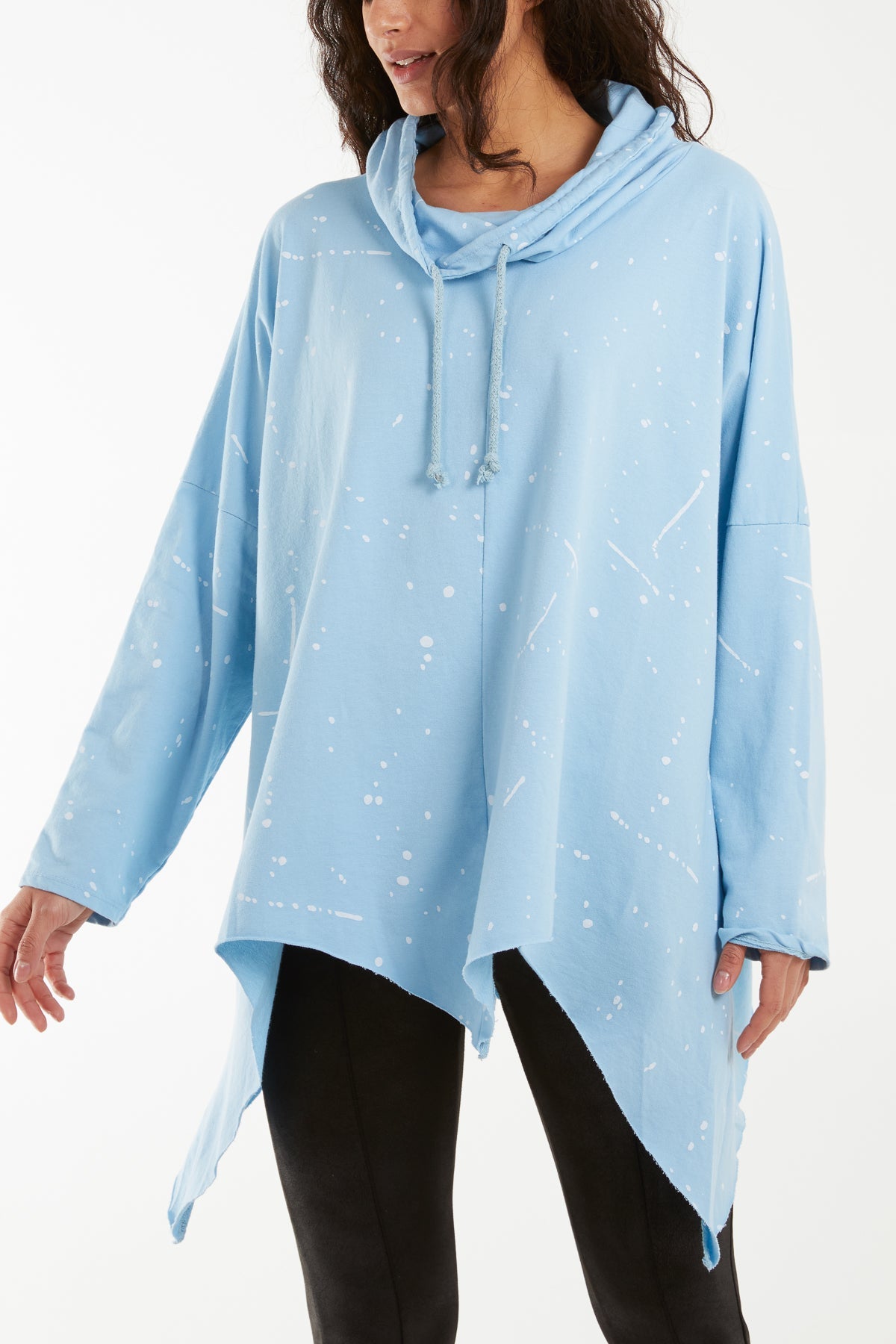 Paint Splatter Cowl Neck Hanky Hem Sweatshirt Sweatshirt WearAll Light Blue One Size