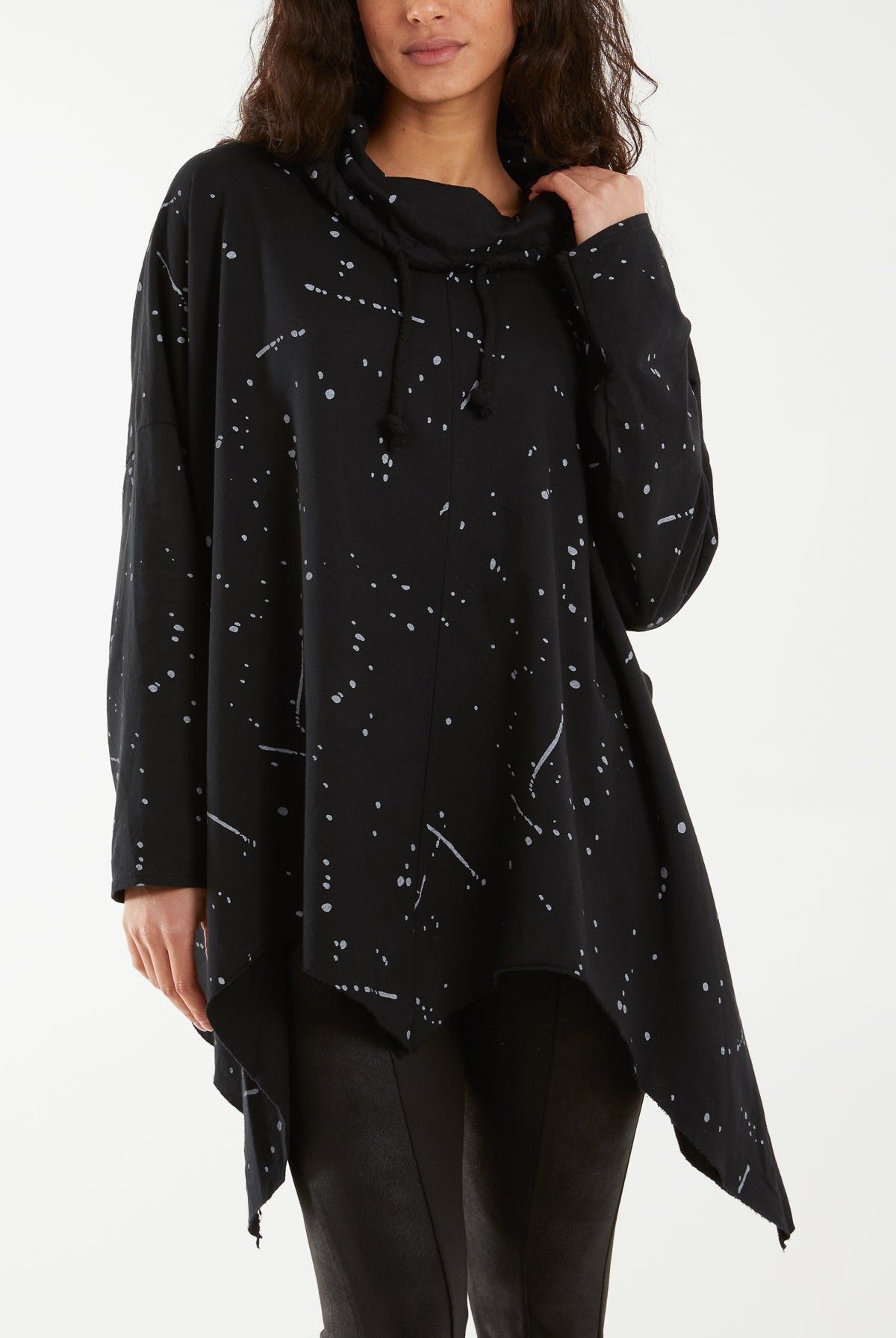 Paint Splatter Cowl Neck Hanky Hem Sweatshirt Sweatshirt WearAll Black One Size