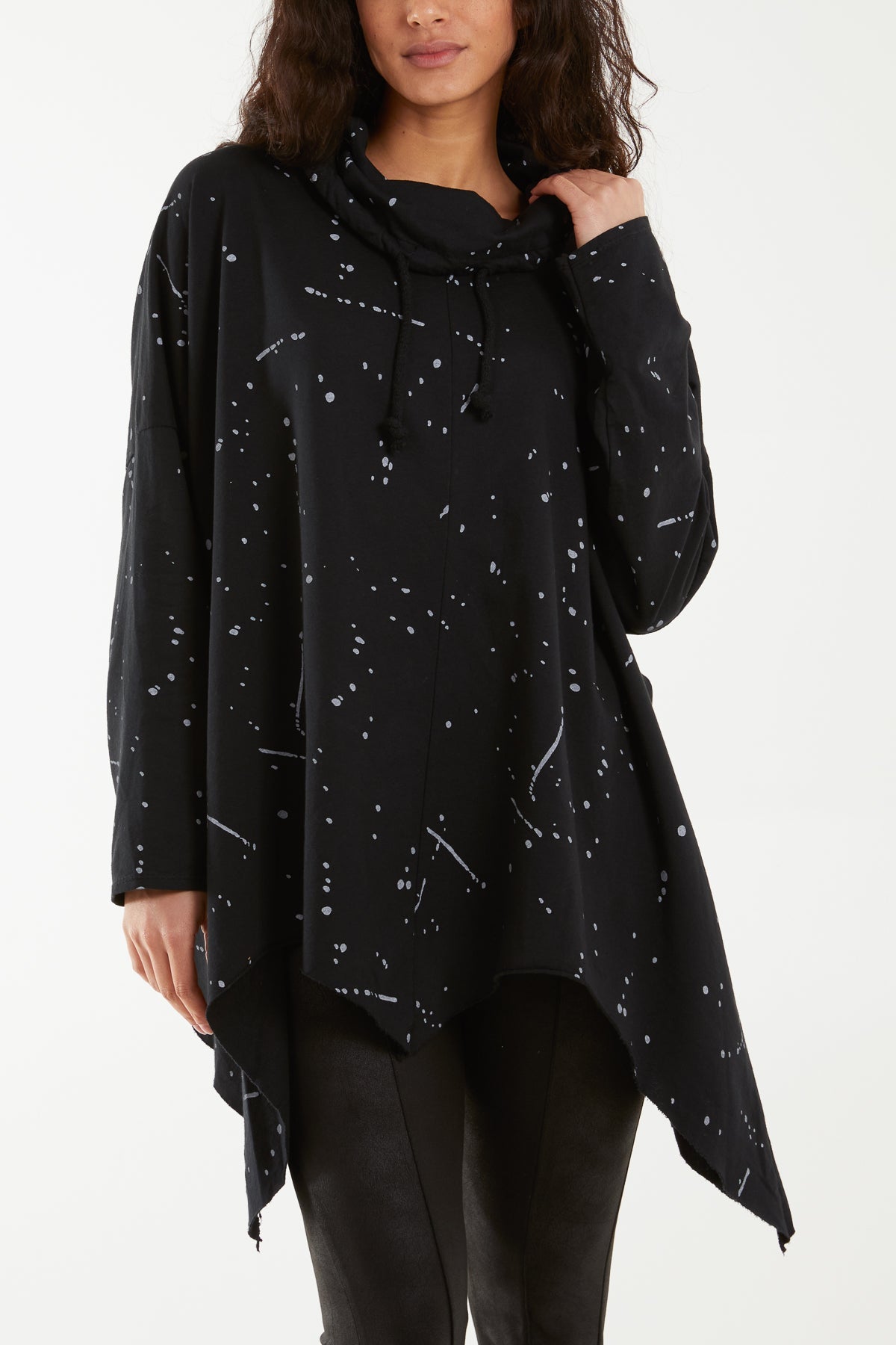 Paint Splatter Cowl Neck Hanky Hem Sweatshirt Sweatshirt WearAll Black One Size