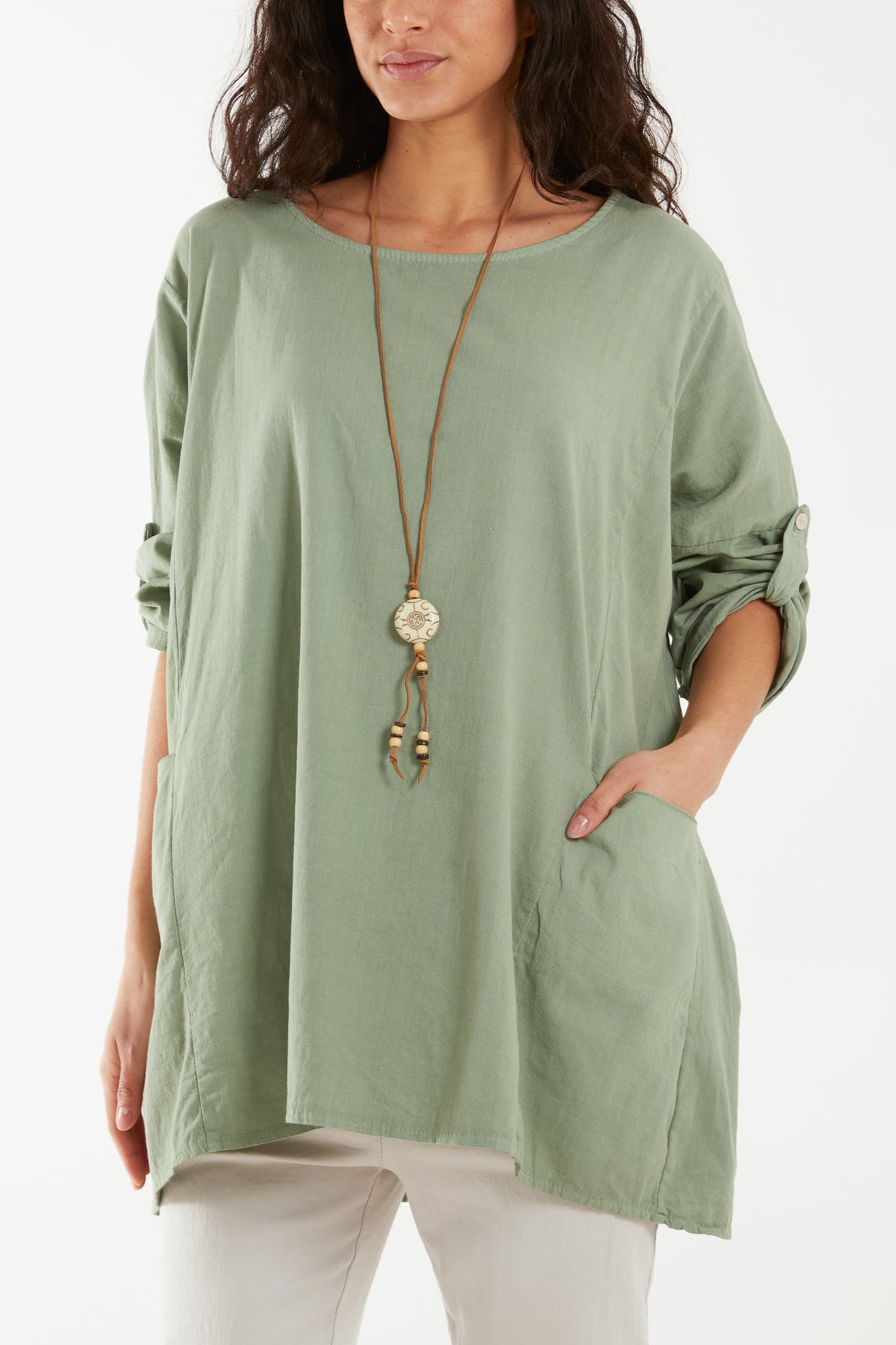 Necklace Relaxed Fit Blouse with Pockets Tops WearAll Khaki One Size