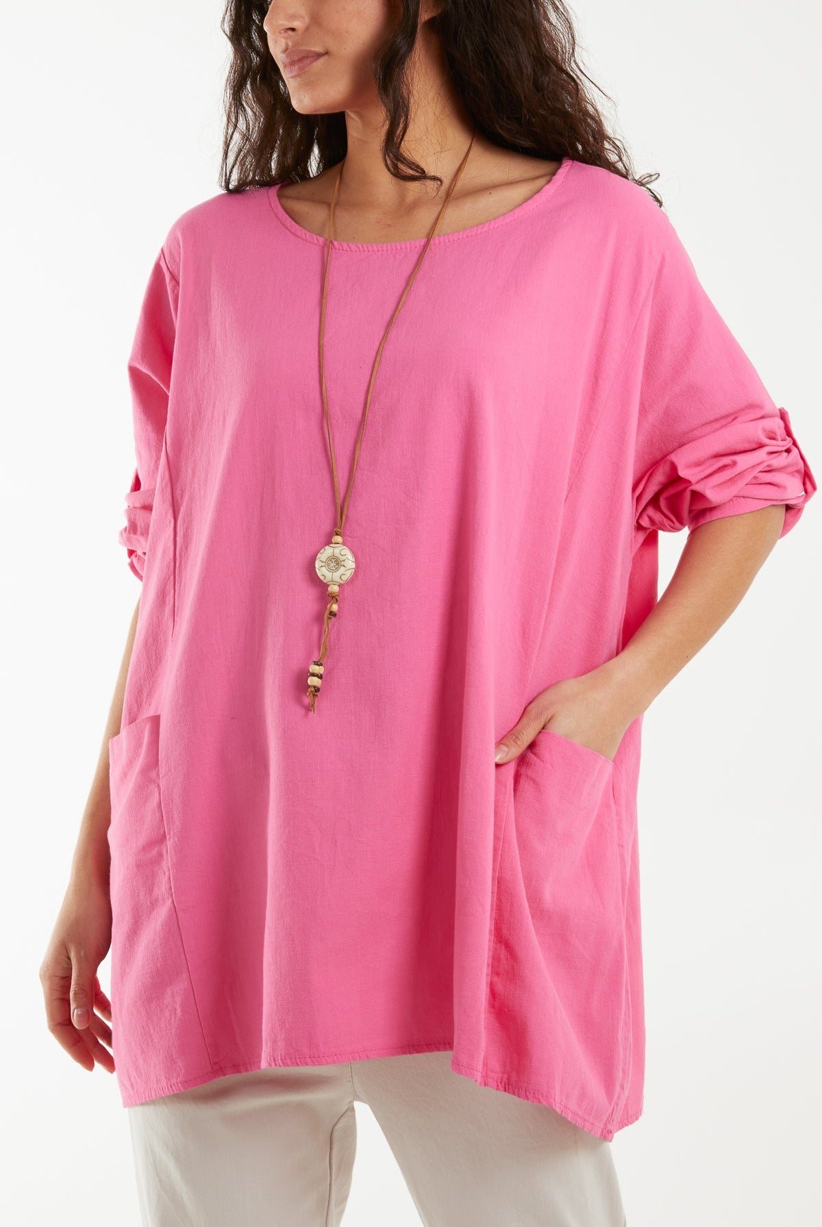 Necklace Relaxed Fit Blouse with Pockets Tops WearAll Hot Pink One Size