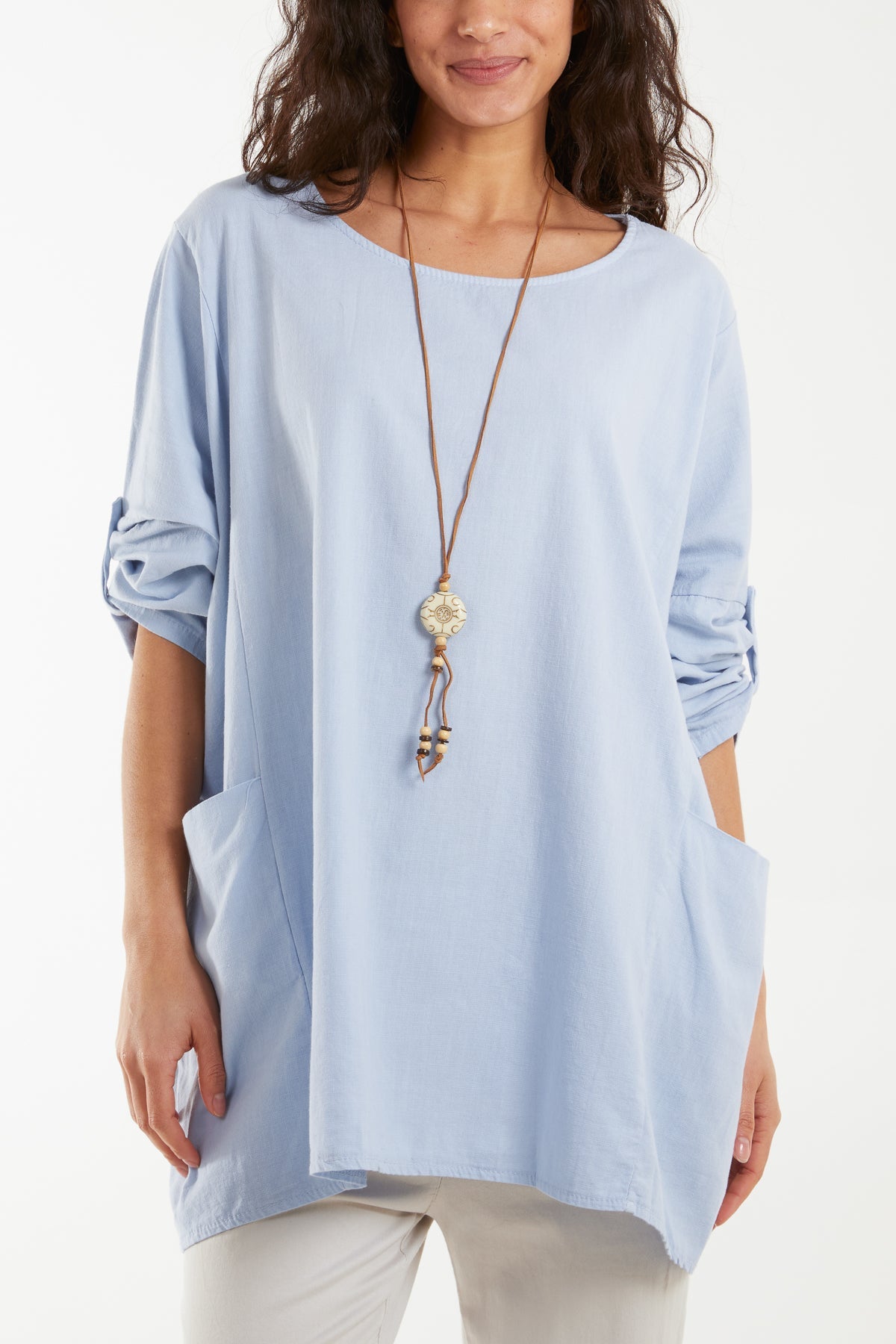Necklace Relaxed Fit Blouse with Pockets Tops WearAll Light Blue One Size