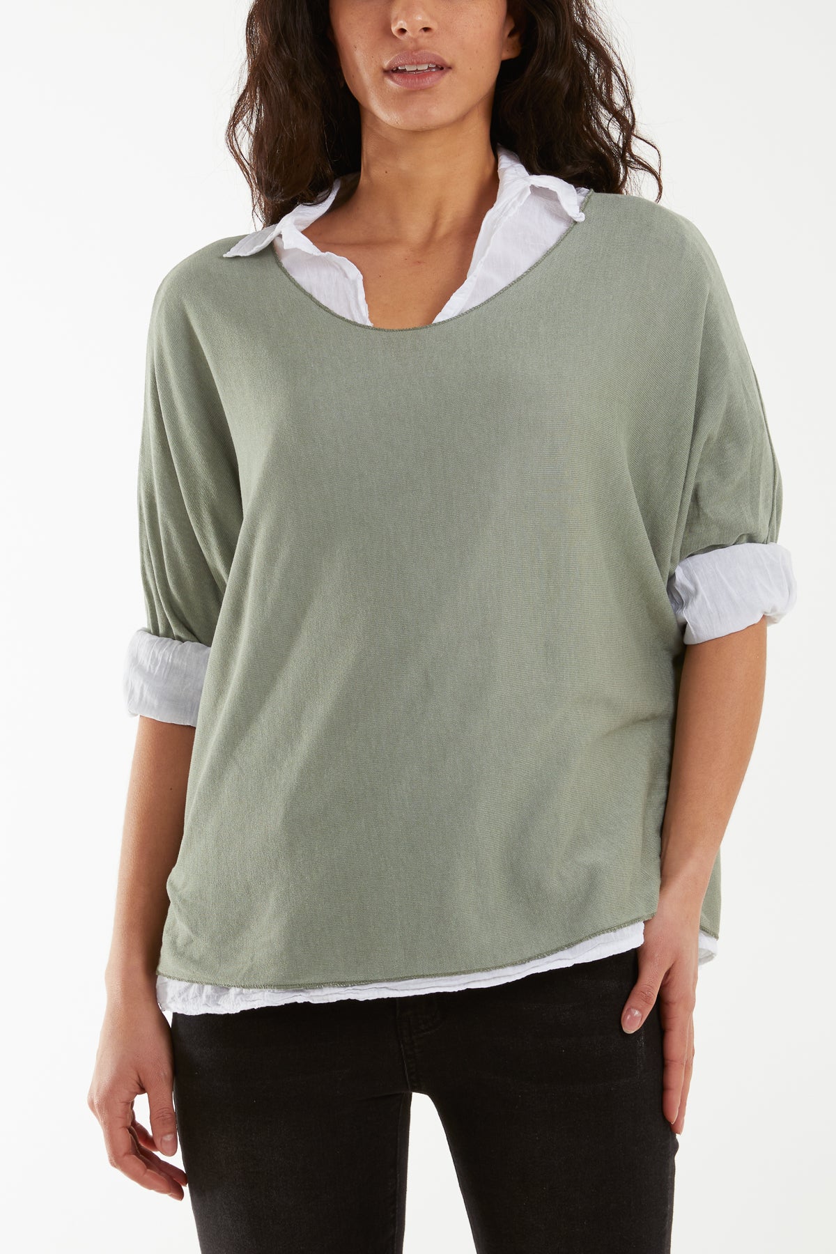 Double Layer Fine Knit and Cotton Shirt Jumpers WearAll Khaki One Size