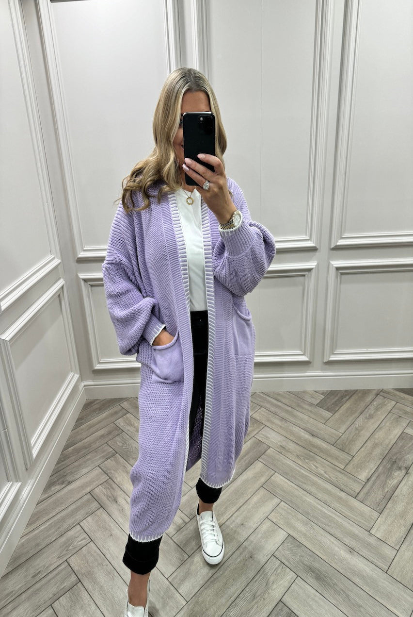 BLANKET STITCH HEM LONGLINE CARDIGAN One Size (8-18) Knitted Cardigan WearAll Lilac One Size