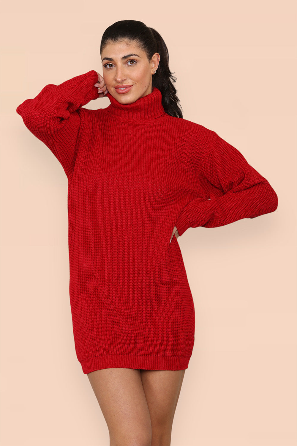 Polo Roll Neck Over Sized Ribbed Knitted Florescent Chunky Sweater Jumper Dress Playsuits & Jumpsuits WearAll Red One Size Fit(8-16)