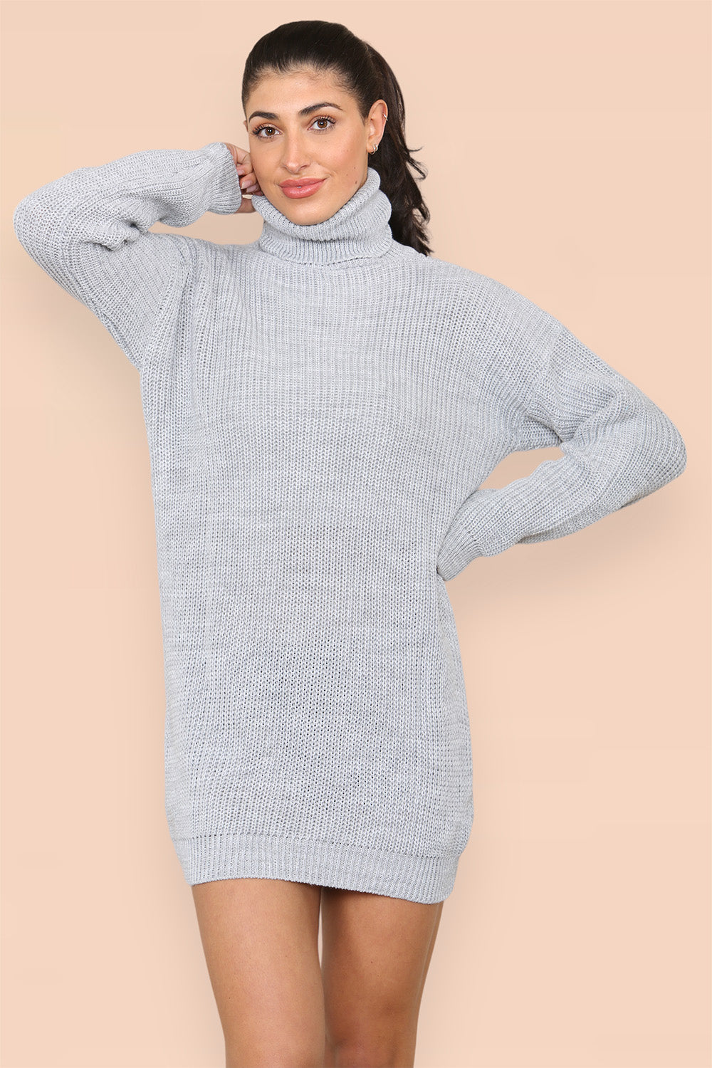 Polo Roll Neck Over Sized Ribbed Knitted Florescent Chunky Sweater Jumper Dress Playsuits & Jumpsuits WearAll Grey One Size Fit(8-16)