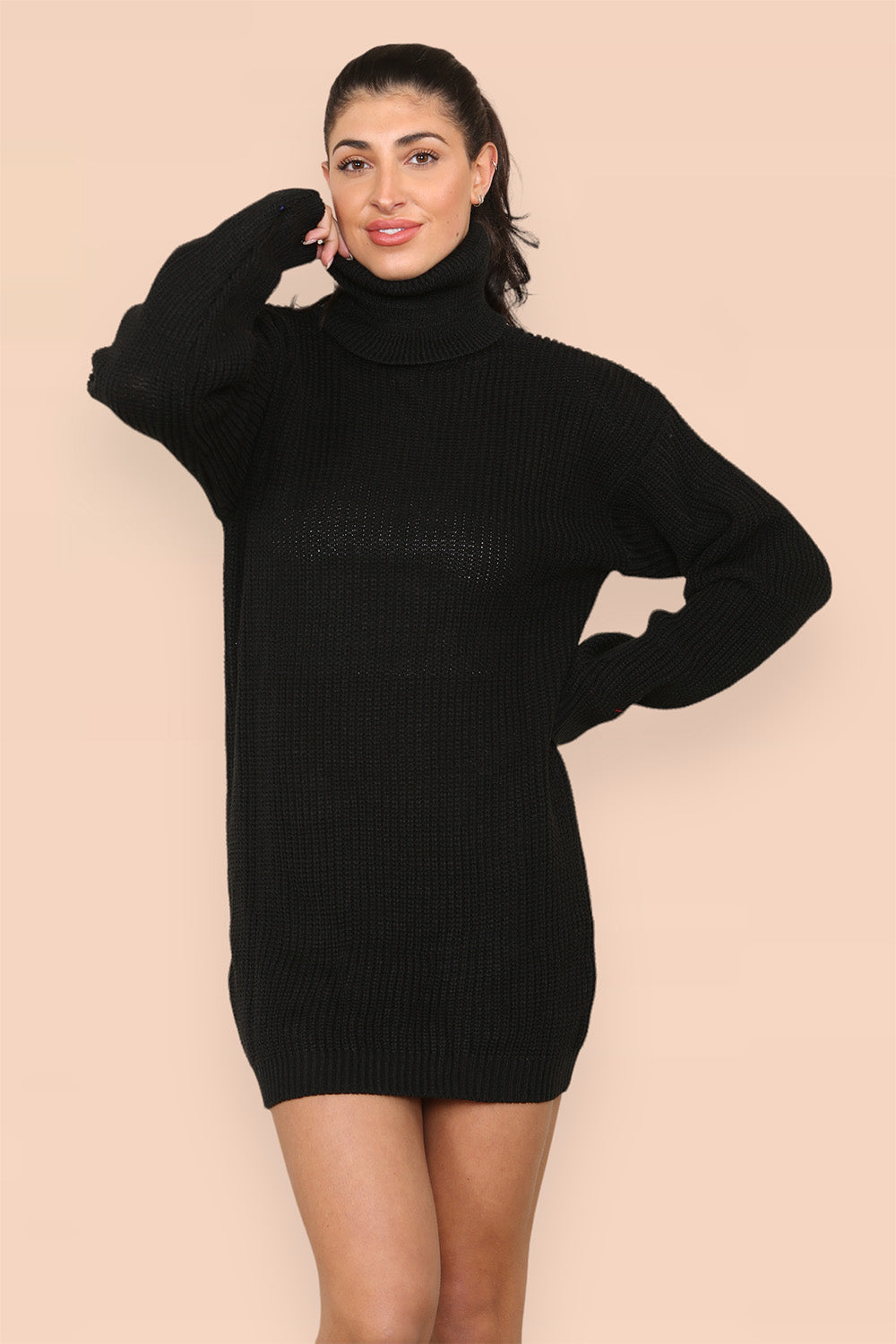 Polo Roll Neck Over Sized Ribbed Knitted Florescent Chunky Sweater Jumper Dress Playsuits & Jumpsuits WearAll Black One Size Fit(8-16)