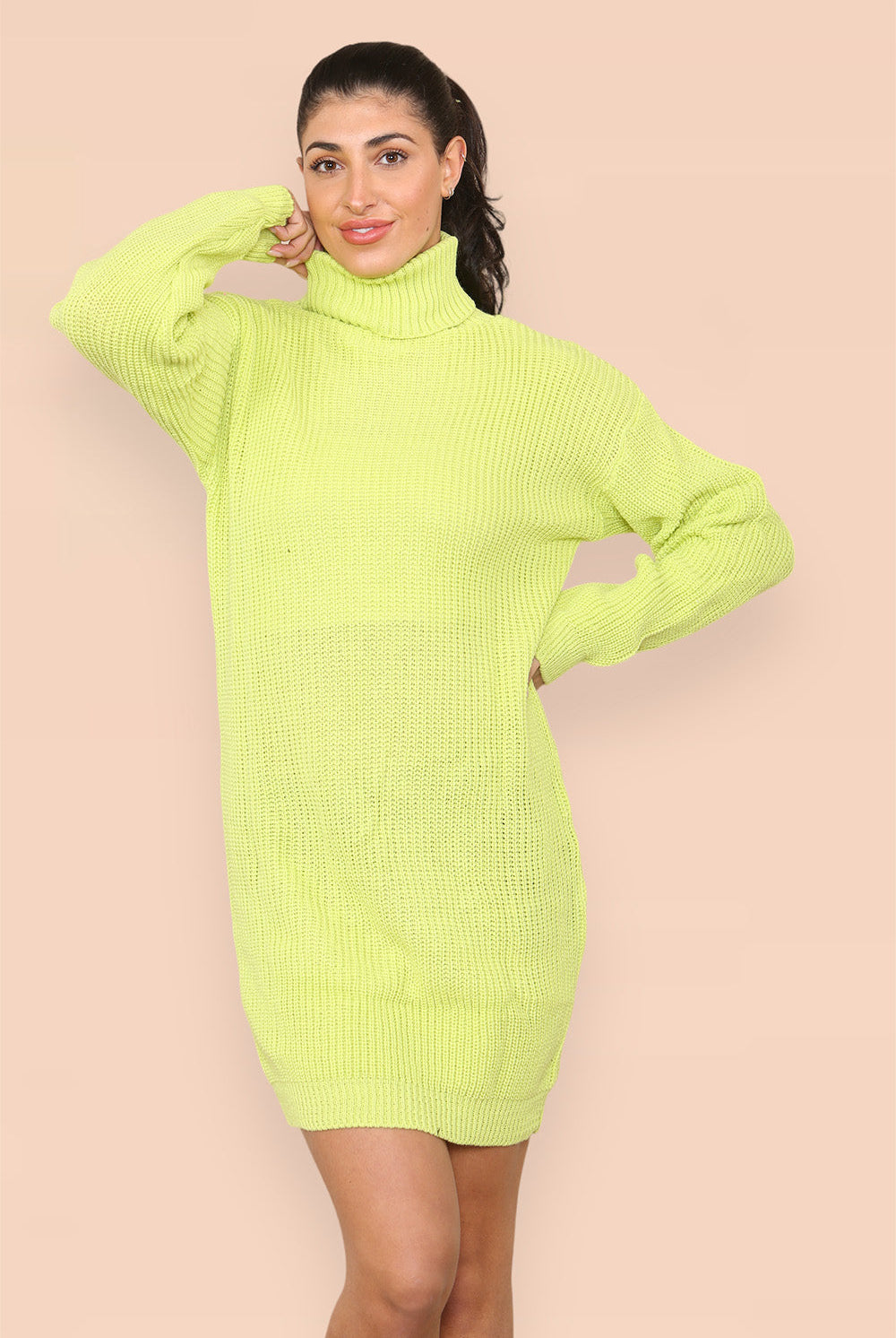 Polo Roll Neck Over Sized Ribbed Knitted Florescent Chunky Sweater Jumper Dress Playsuits & Jumpsuits WearAll Neon Green One Size Fit(8-16)