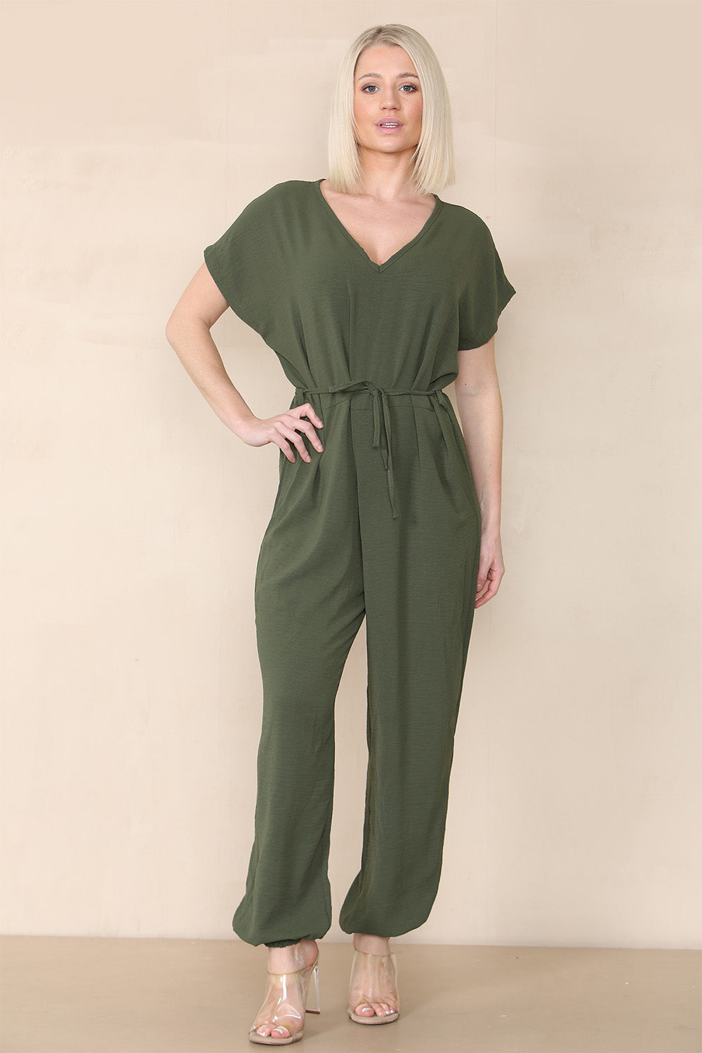 Tie Waist Stylish Harem Jumpsuit Playsuits & Jumpsuits WearAll Khaki One Size UK Fit (10 to 16)