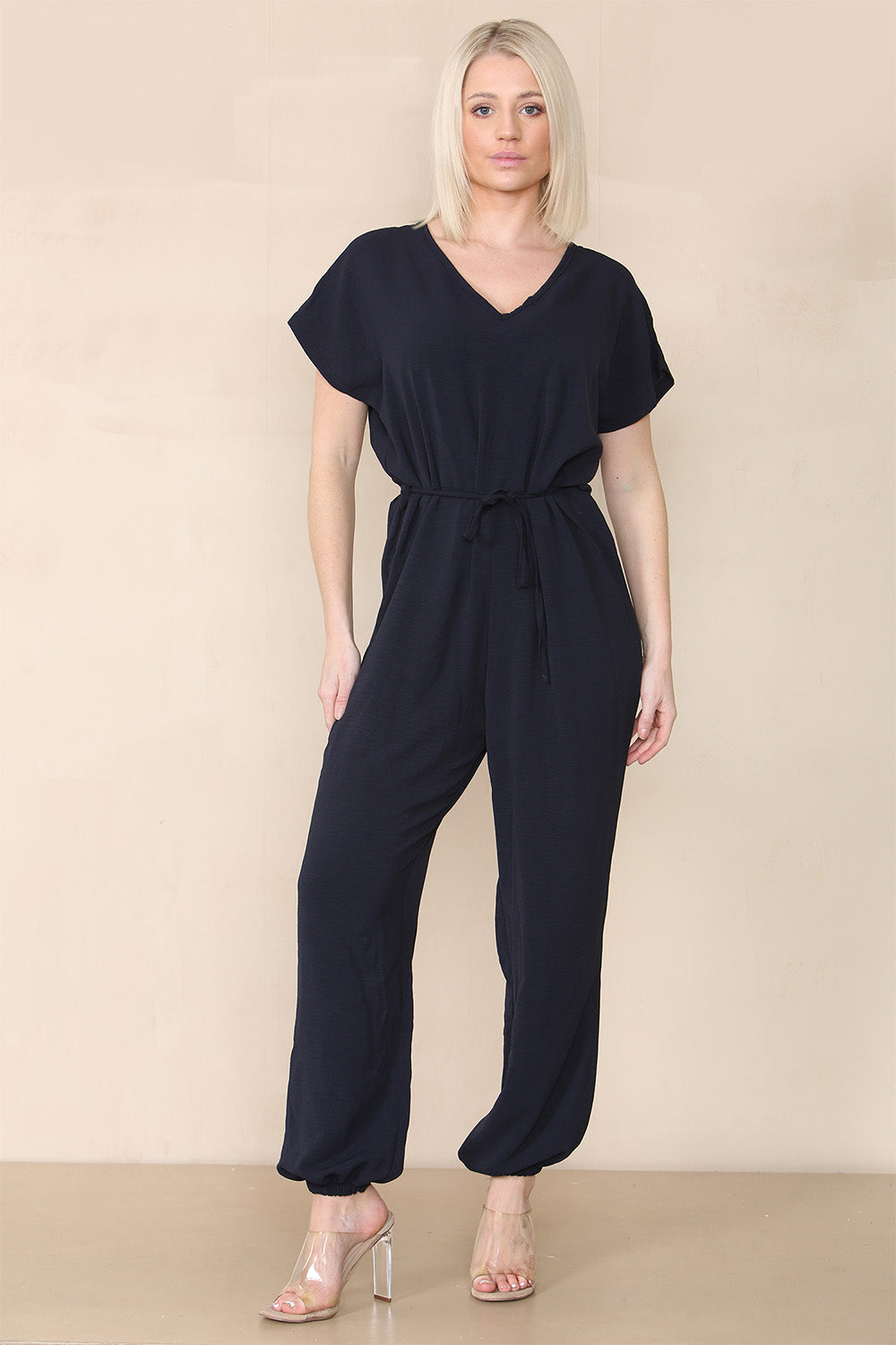 Tie Waist Stylish Harem Jumpsuit Playsuits & Jumpsuits WearAll Navy Blue One Size UK Fit (10 to 16)