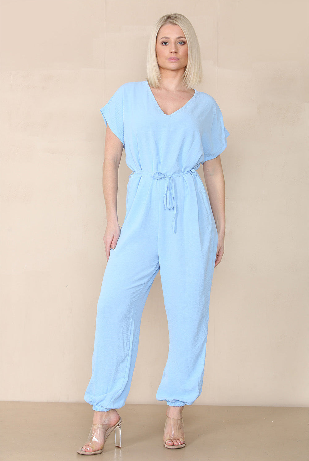 Tie Waist Stylish Harem Jumpsuit Playsuits & Jumpsuits WearAll Sky Blue One Size UK Fit (10 to 16)