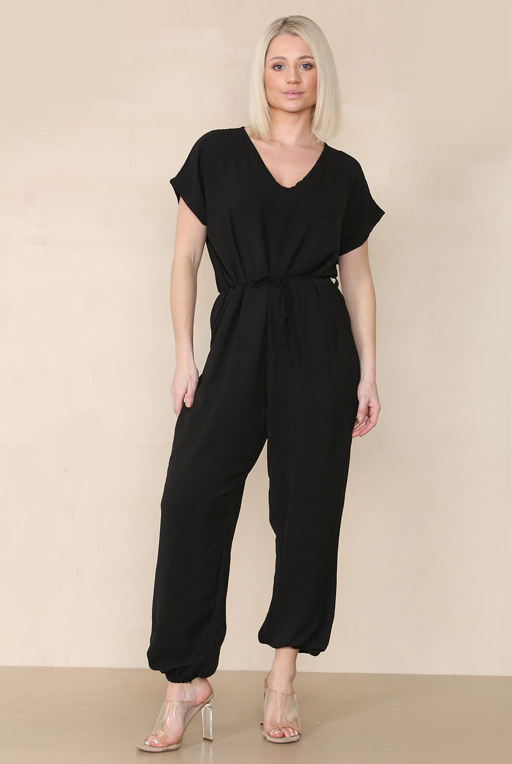 Tie Waist Stylish Harem Jumpsuit Playsuits & Jumpsuits WearAll Black One Size UK Fit (10 to 16)