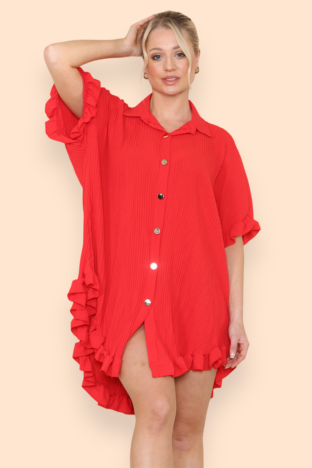 OverSized Italian Gold Button Pleated Frill Ruffle Dress Top Dress WearAll Red One Size Fit (8-18)