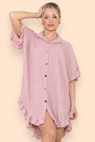 OverSized Italian Gold Button Pleated Frill Ruffle Dress Top Dress WearAll Dusty Pink One Size Fit (8-18)