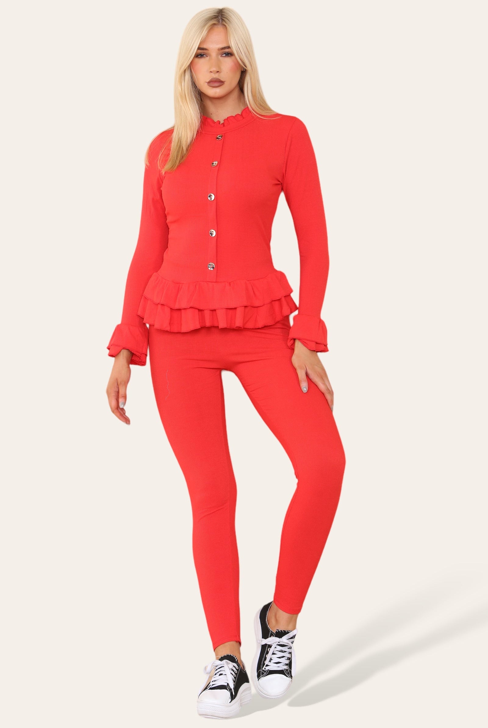 Long Sleeves Peplum Front Buttons Frilled Hem Lounge Wear Set Loungewear WearAll Red 8-10