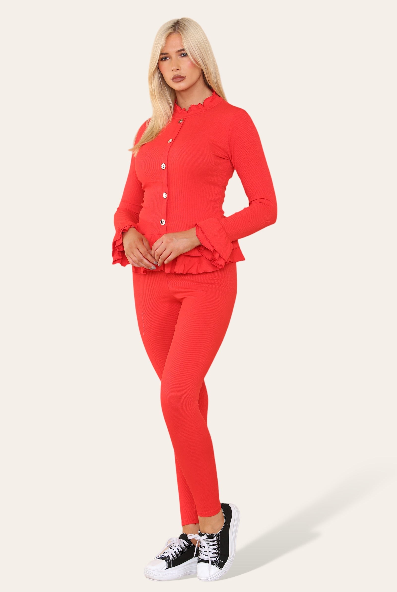 Long Sleeves Peplum Front Buttons Frilled Hem Lounge Wear Set Loungewear WearAll