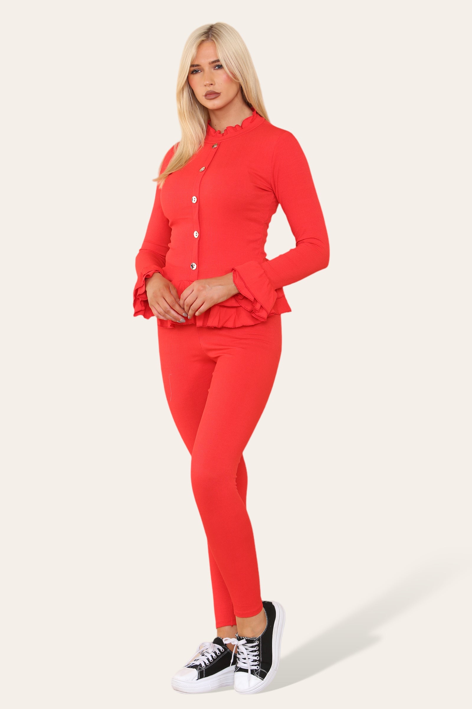 Long Sleeves Peplum Front Buttons Frilled Hem Lounge Wear Set Loungewear WearAll