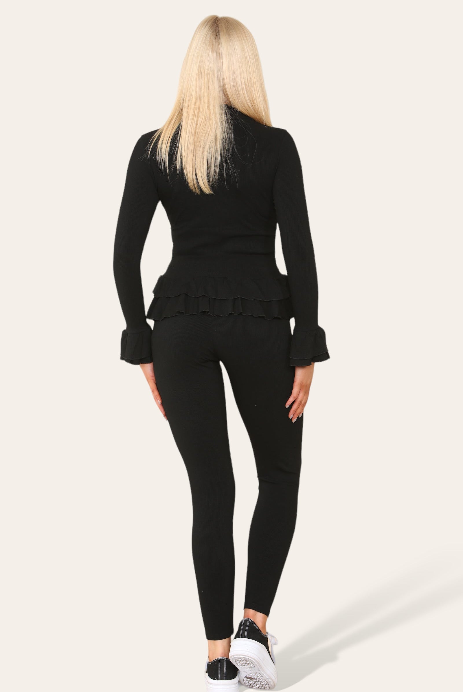 Long Sleeves Peplum Front Buttons Frilled Hem Lounge Wear Set Loungewear WearAll