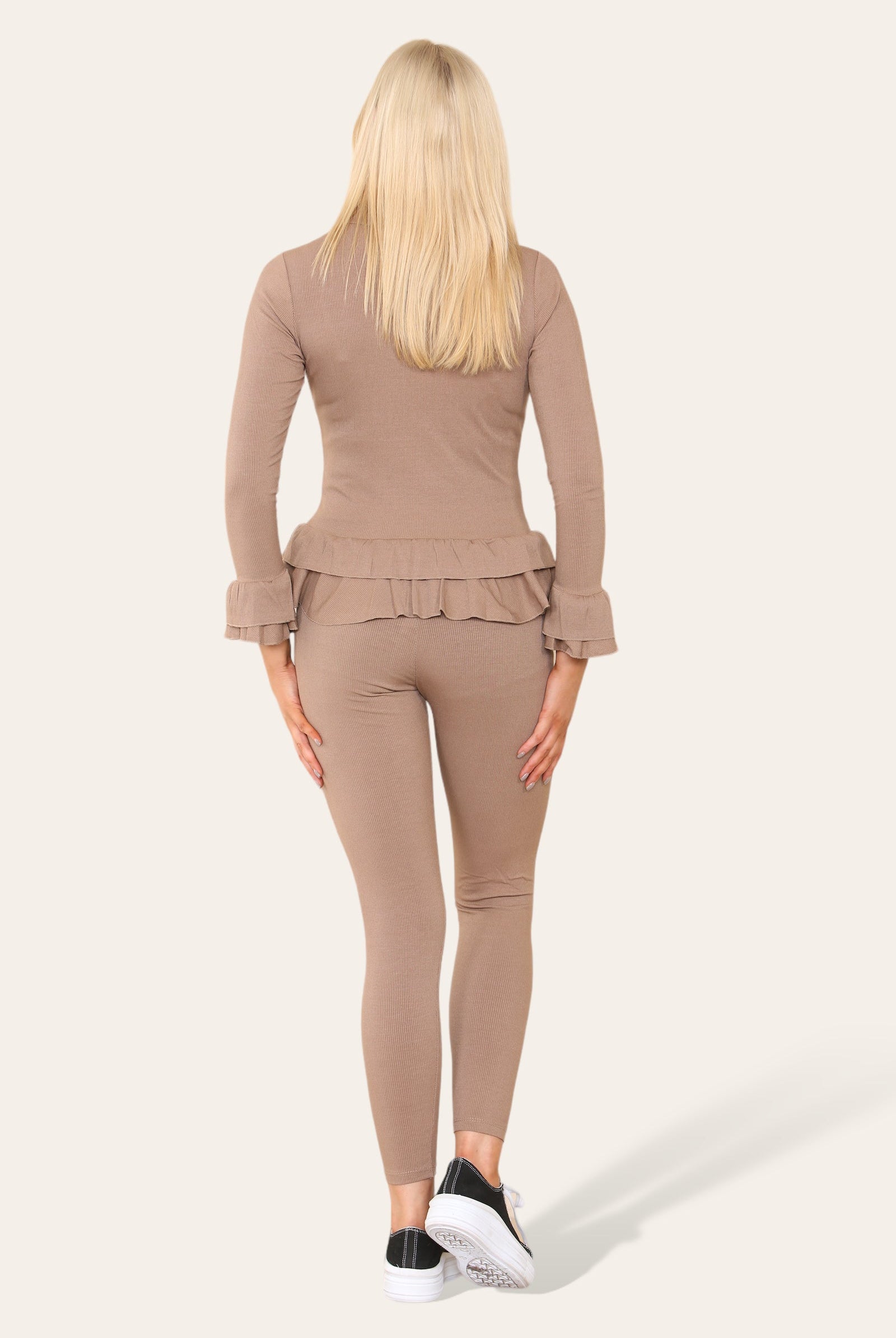 Long Sleeves Peplum Front Buttons Frilled Hem Lounge Wear Set Loungewear WearAll