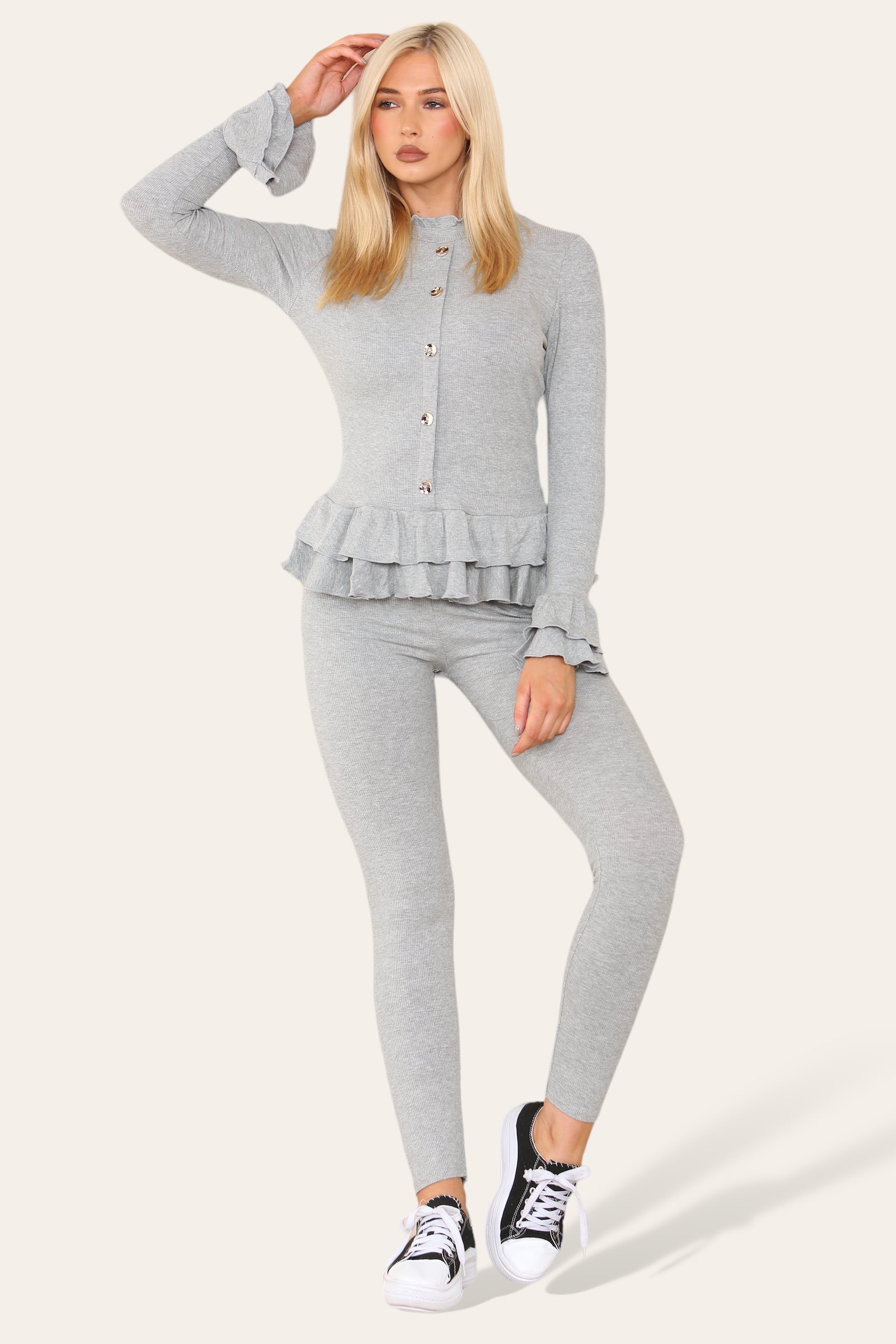 Long Sleeves Peplum Front Buttons Frilled Hem Lounge Wear Set Loungewear WearAll Grey 8-10