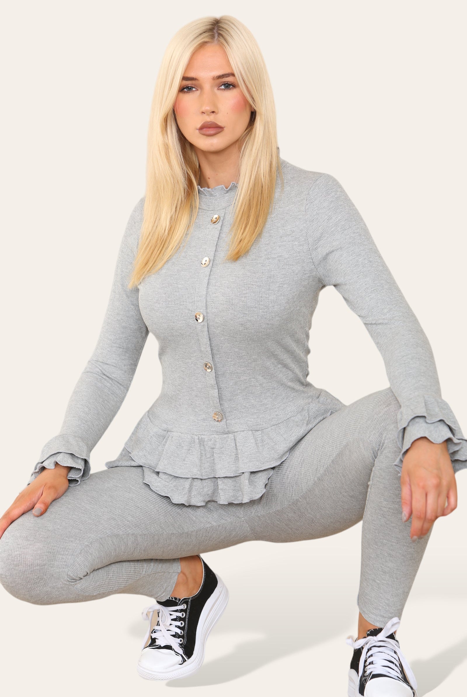 Long Sleeves Peplum Front Buttons Frilled Hem Lounge Wear Set Loungewear WearAll