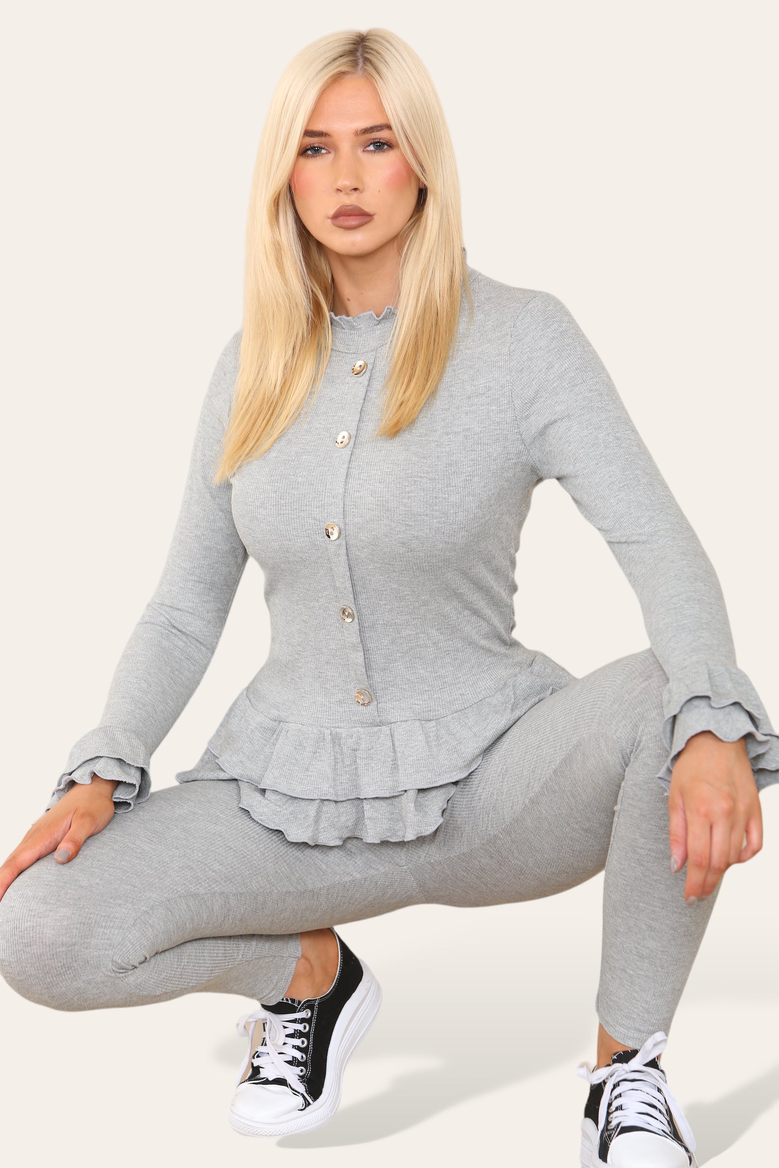 Long Sleeves Peplum Front Buttons Frilled Hem Lounge Wear Set Loungewear WearAll