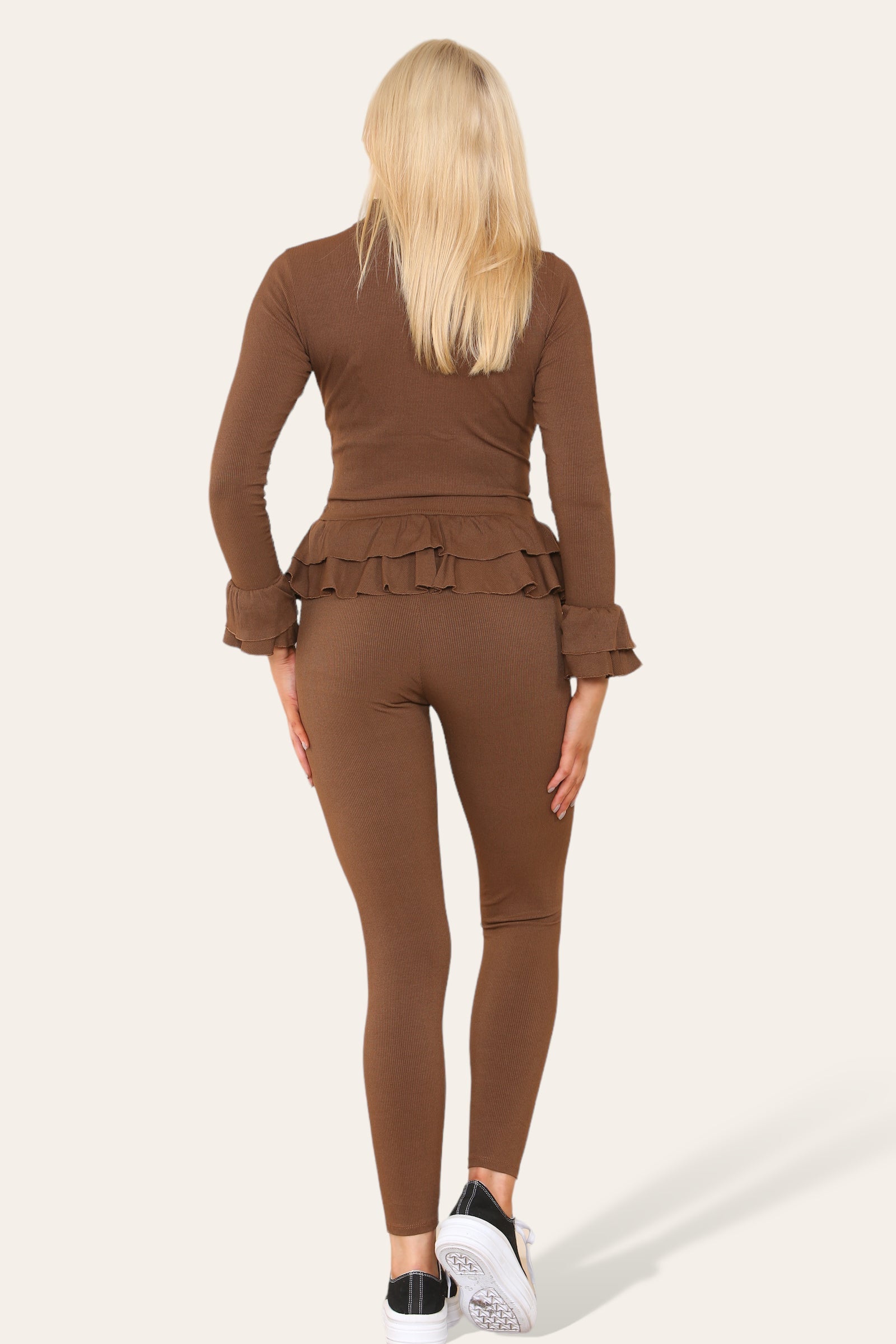 Long Sleeves Peplum Front Buttons Frilled Hem Lounge Wear Set Loungewear WearAll