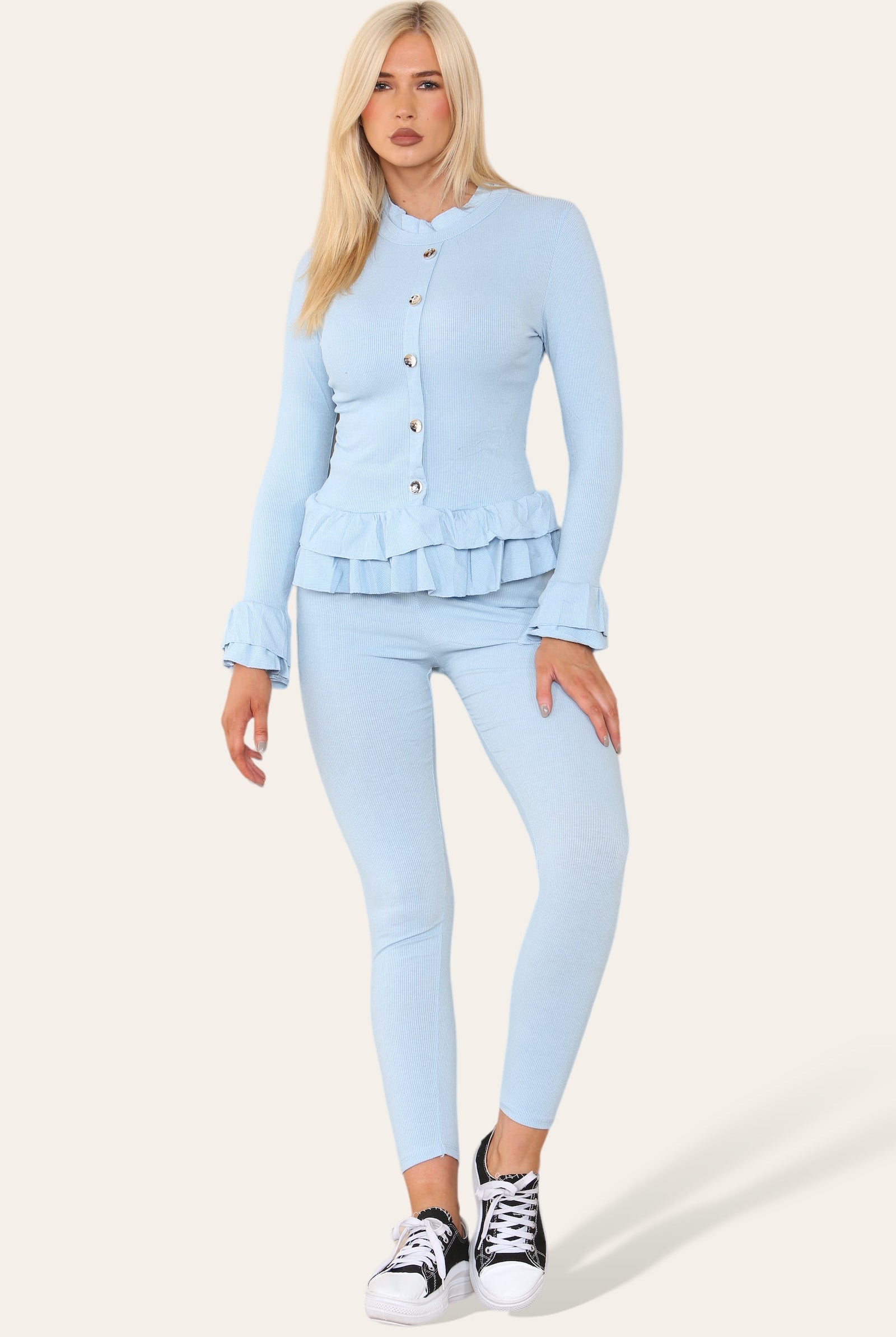 Long Sleeves Peplum Front Buttons Frilled Hem Lounge Wear Set Loungewear WearAll Sky Blue 8-10
