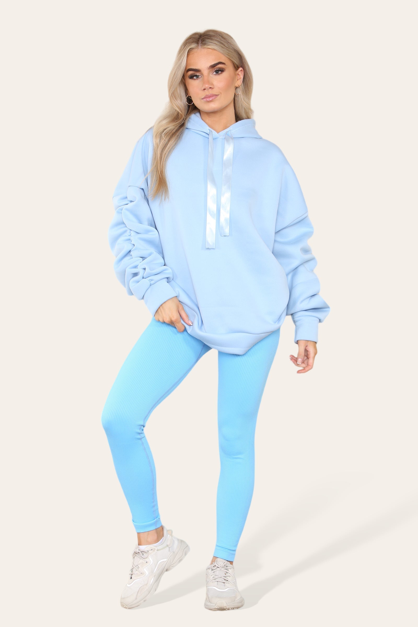 Oversized Ruched Sleeves Hoodie With Satin Ribbon Hoodies & Pullover WearAll Sky Blue 8-10