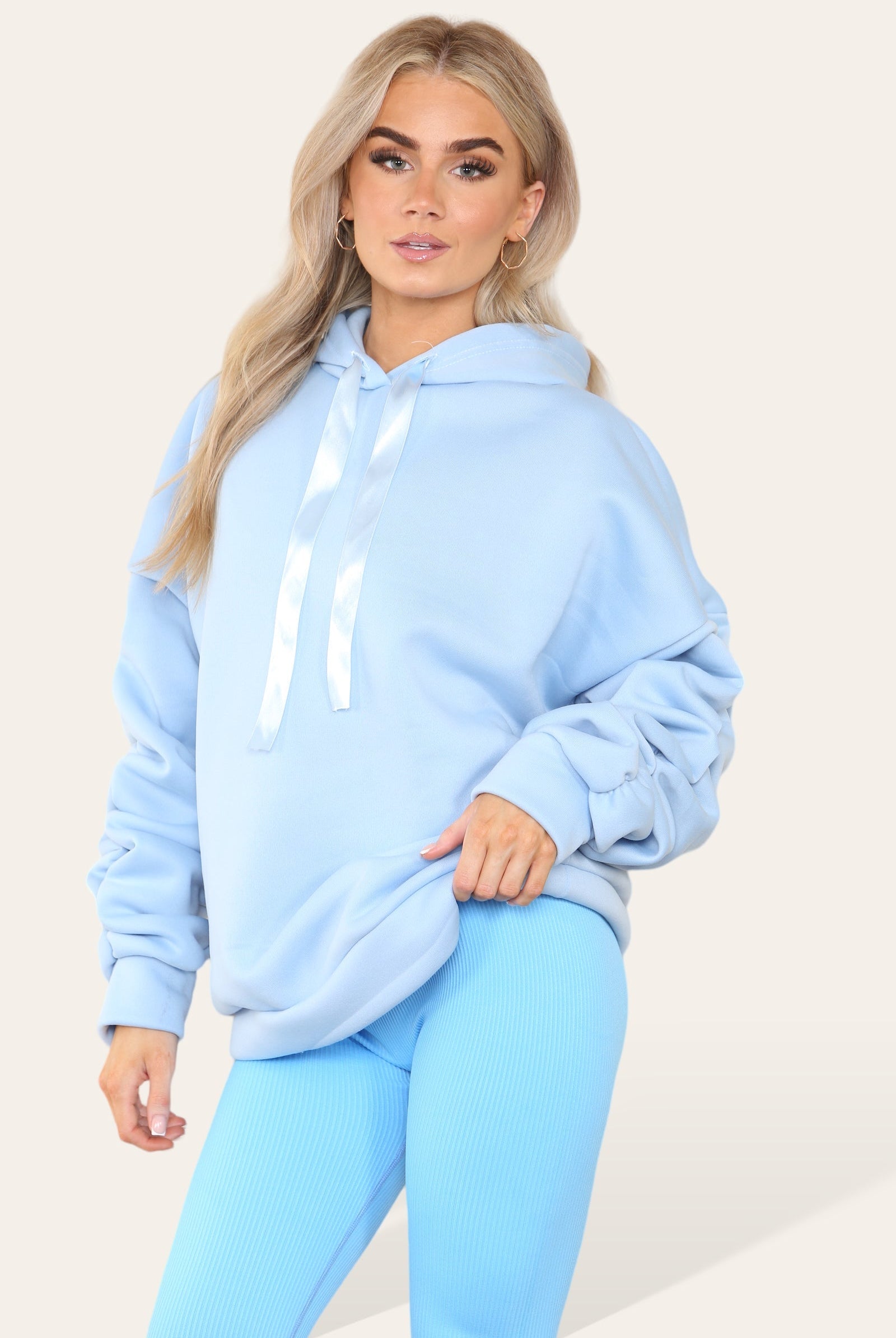 Oversized Ruched Sleeves Hoodie With Satin Ribbon Hoodies & Pullover WearAll