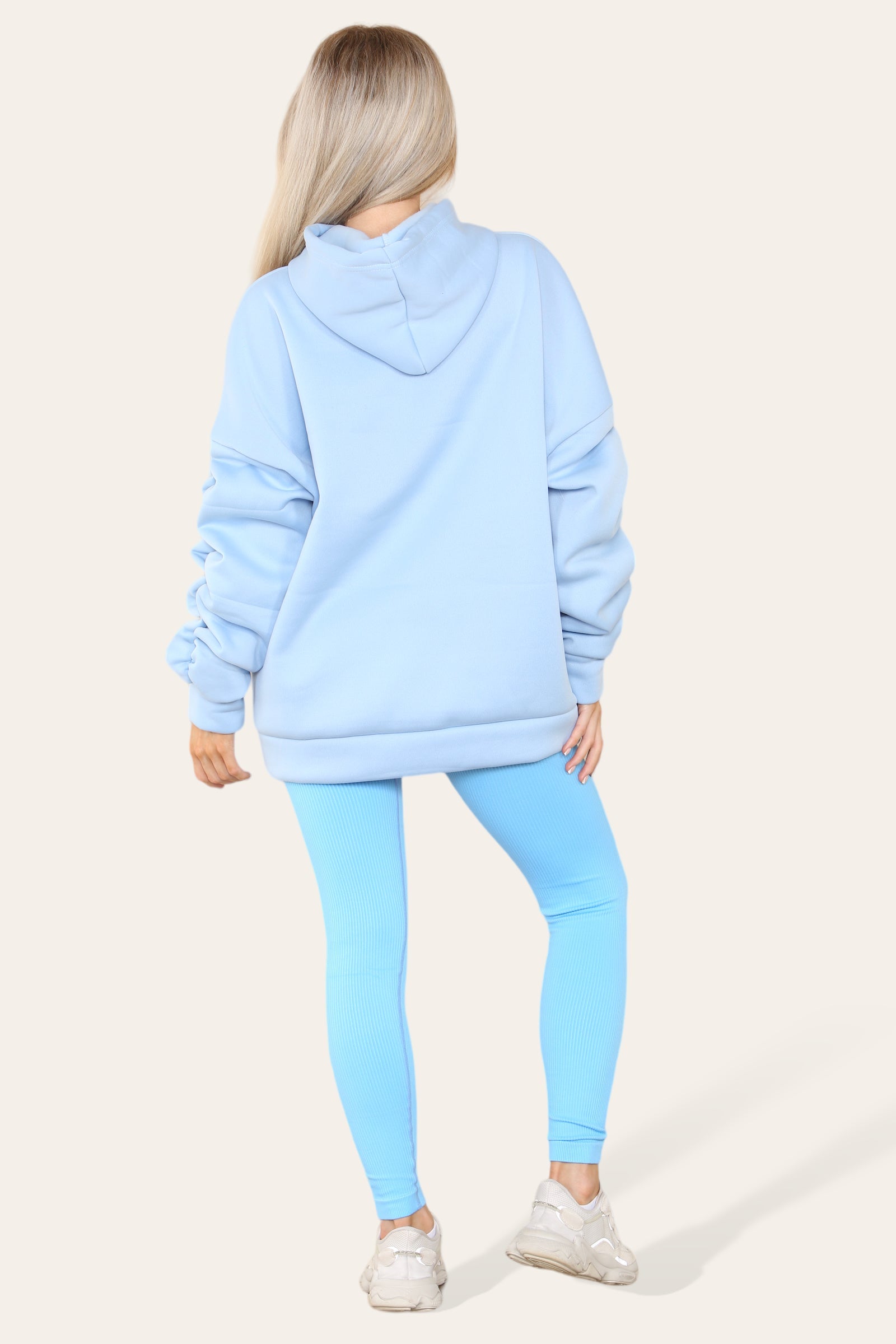 Oversized Ruched Sleeves Hoodie With Satin Ribbon with High Waist High Rise Seamless Ribbed Legging Set Hoodies & Pullover WearAll