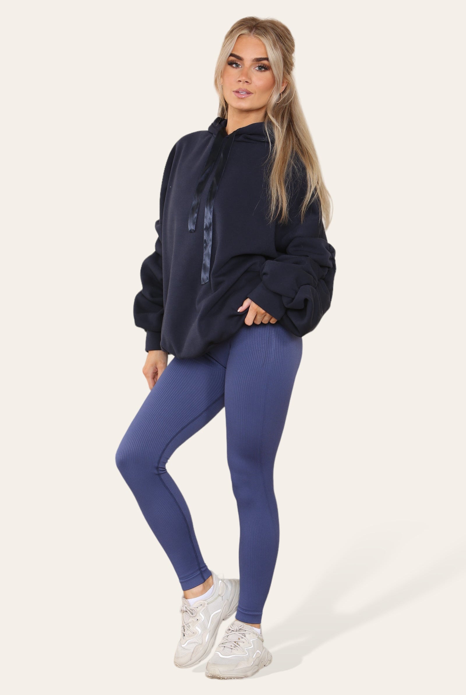Oversized Ruched Sleeves Hoodie With Satin Ribbon with High Waist High Rise Seamless Ribbed Legging Set Hoodies & Pullover WearAll