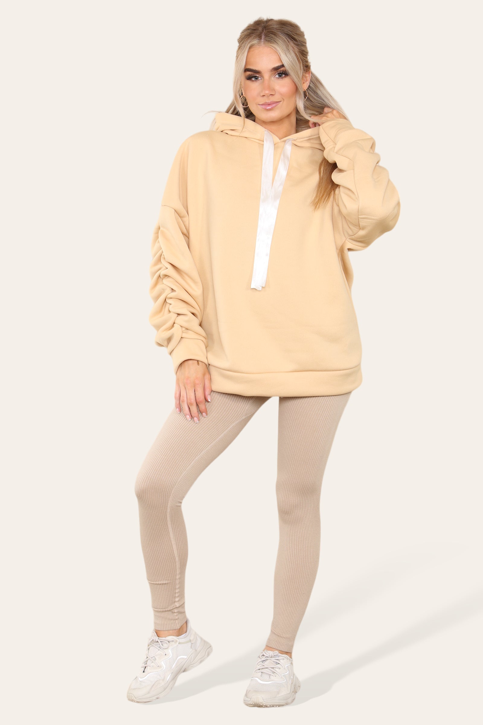 Oversized Ruched Sleeves Hoodie With Satin Ribbon Hoodies & Pullover WearAll Beige 8-10