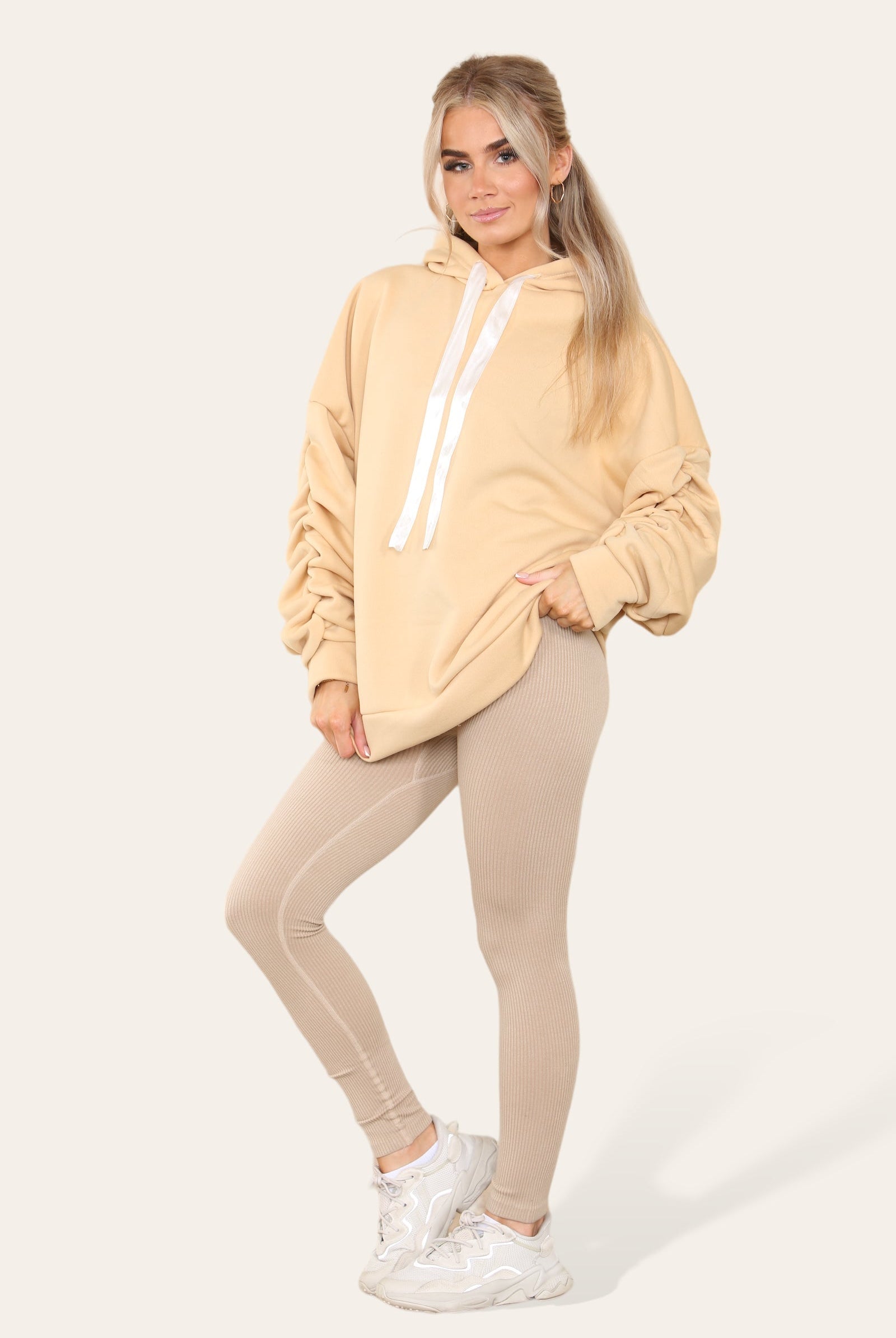 Oversized Ruched Sleeves Hoodie With Satin Ribbon Hoodies & Pullover WearAll
