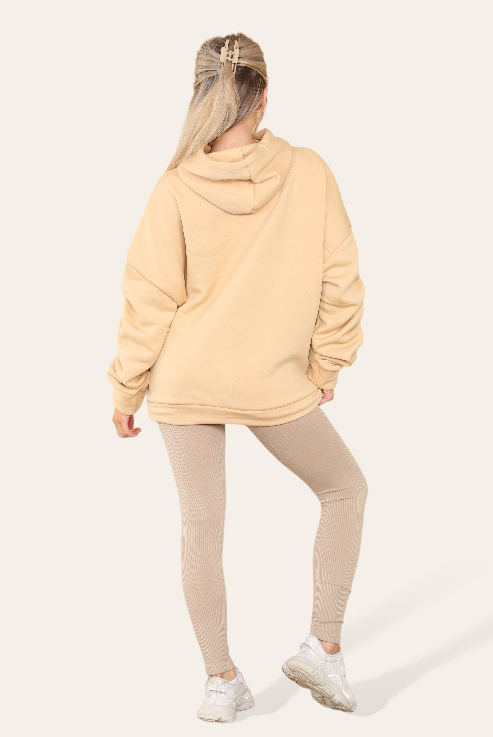Oversized Ruched Sleeves Hoodie With Satin Ribbon with High Waist High Rise Seamless Ribbed Legging Set Hoodies & Pullover WearAll