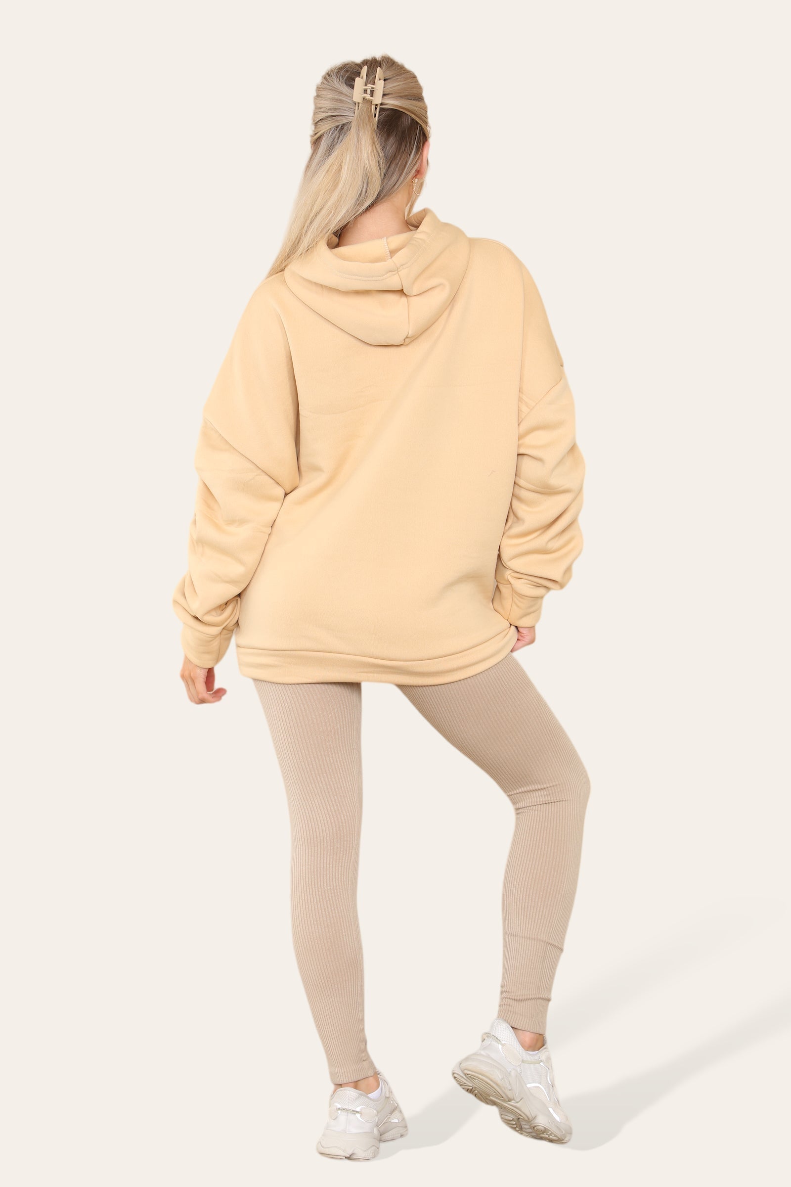 Oversized Ruched Sleeves Hoodie With Satin Ribbon with High Waist High Rise Seamless Ribbed Legging Set Hoodies & Pullover WearAll