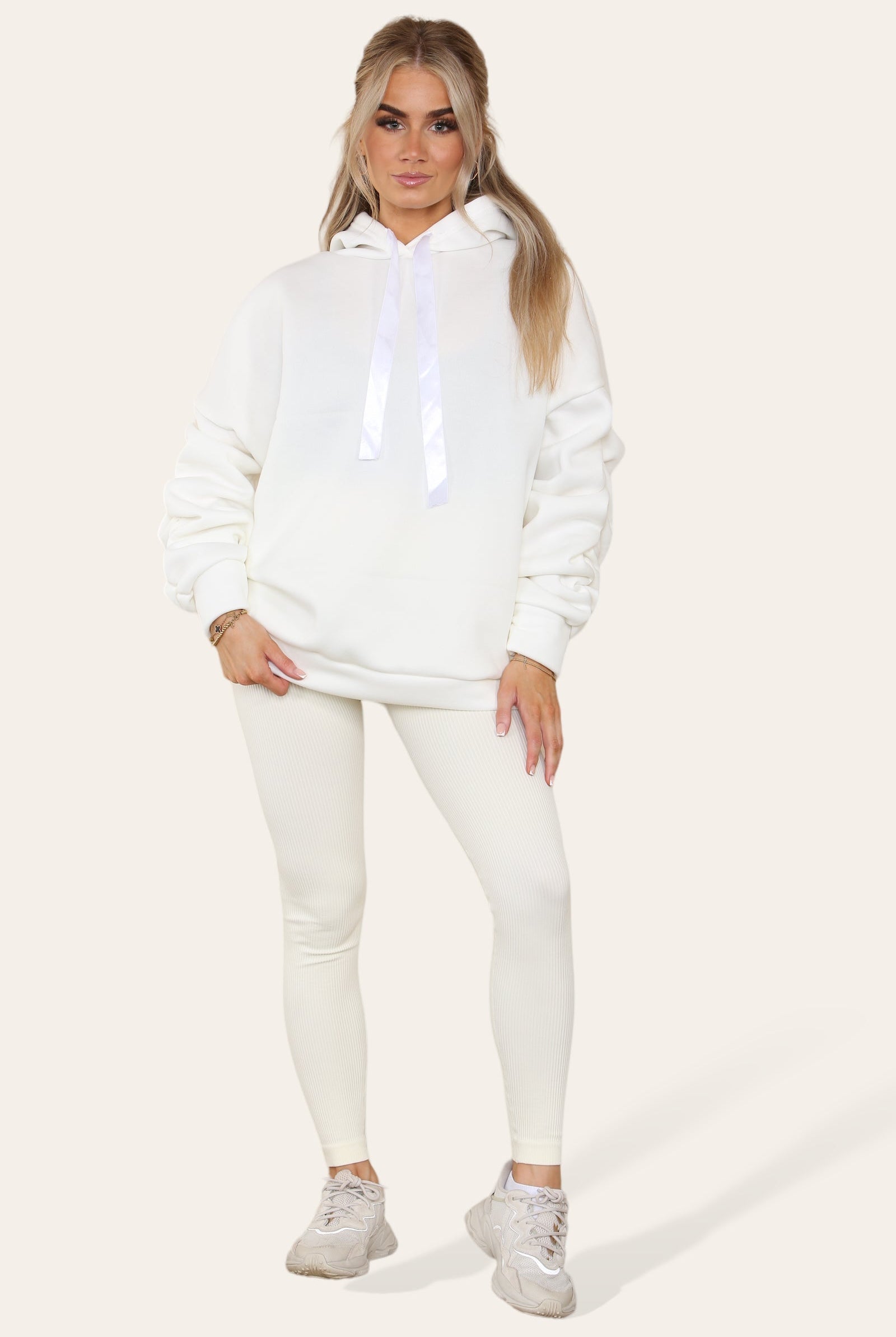 Oversized Ruched Sleeves Hoodie With Satin Ribbon Hoodies & Pullover WearAll Cream 8-10