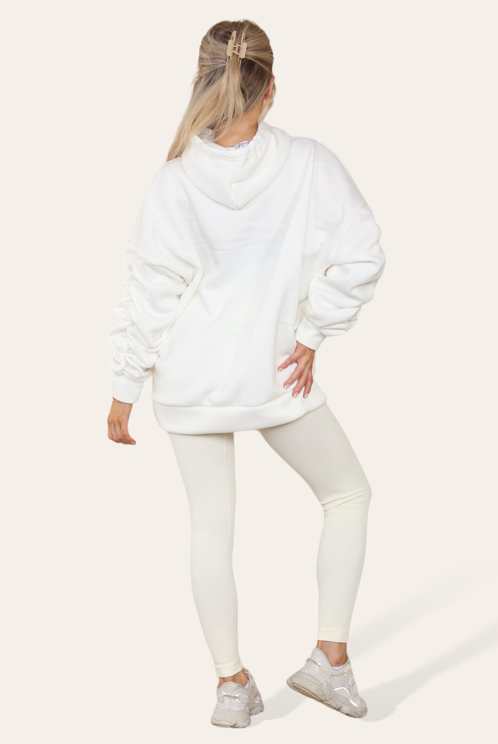 Oversized Ruched Sleeves Hoodie With Satin Ribbon with High Waist High Rise Seamless Ribbed Legging Set Hoodies & Pullover WearAll