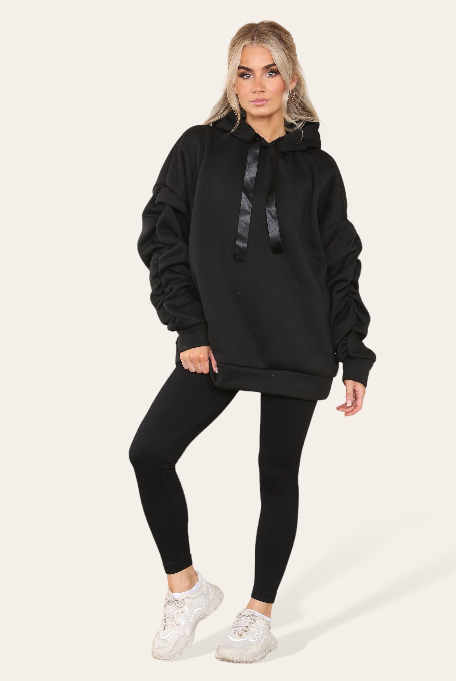 Oversized Ruched Sleeves Hoodie With Satin Ribbon with High Waist High Rise Seamless Ribbed Legging Set Hoodies & Pullover WearAll Black S/M