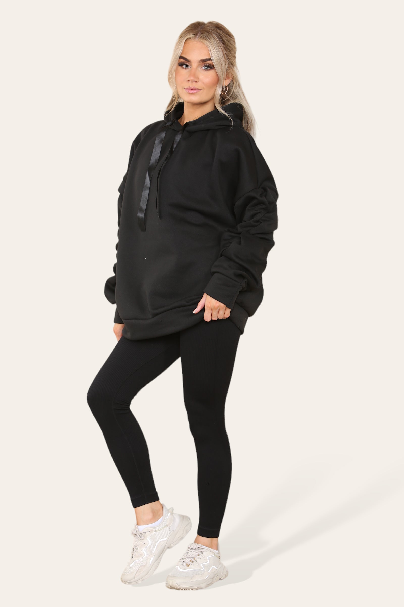 Oversized Ruched Sleeves Hoodie With Satin Ribbon Hoodies & Pullover WearAll