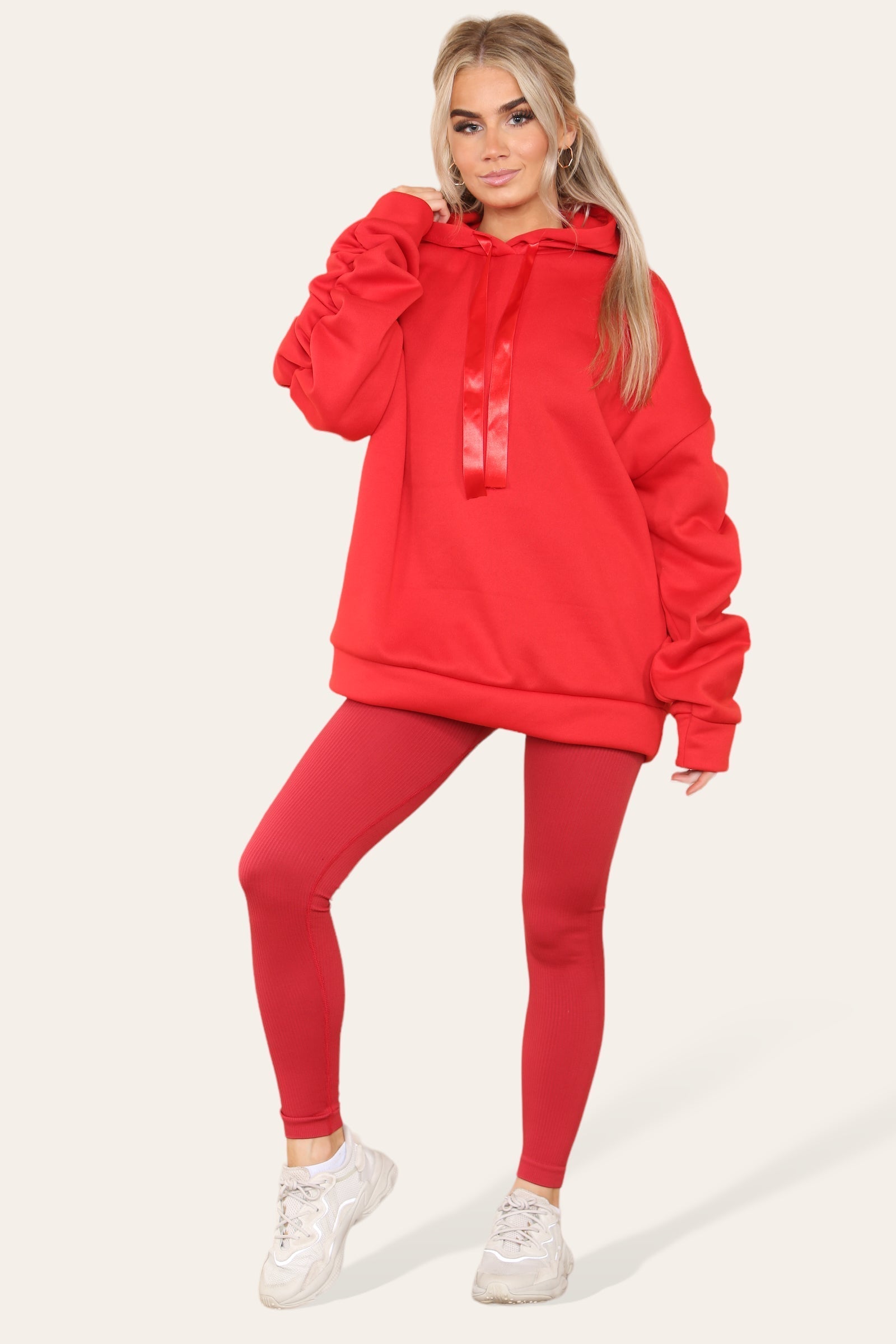 Oversized Ruched Sleeves Hoodie With Satin Ribbon with High Waist High Rise Seamless Ribbed Legging Set Hoodies & Pullover WearAll