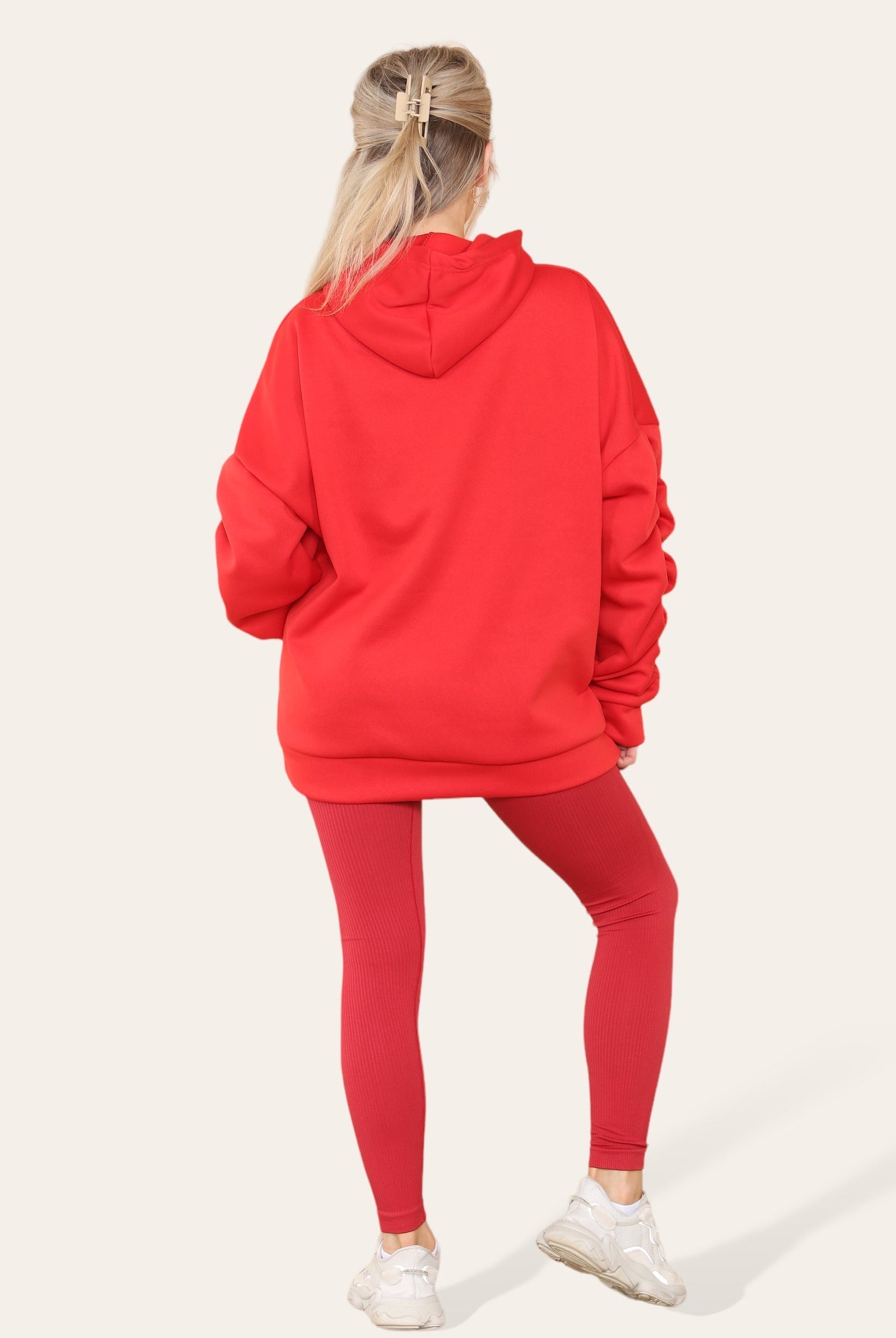 Oversized Ruched Sleeves Hoodie With Satin Ribbon with High Waist High Rise Seamless Ribbed Legging Set Hoodies & Pullover WearAll
