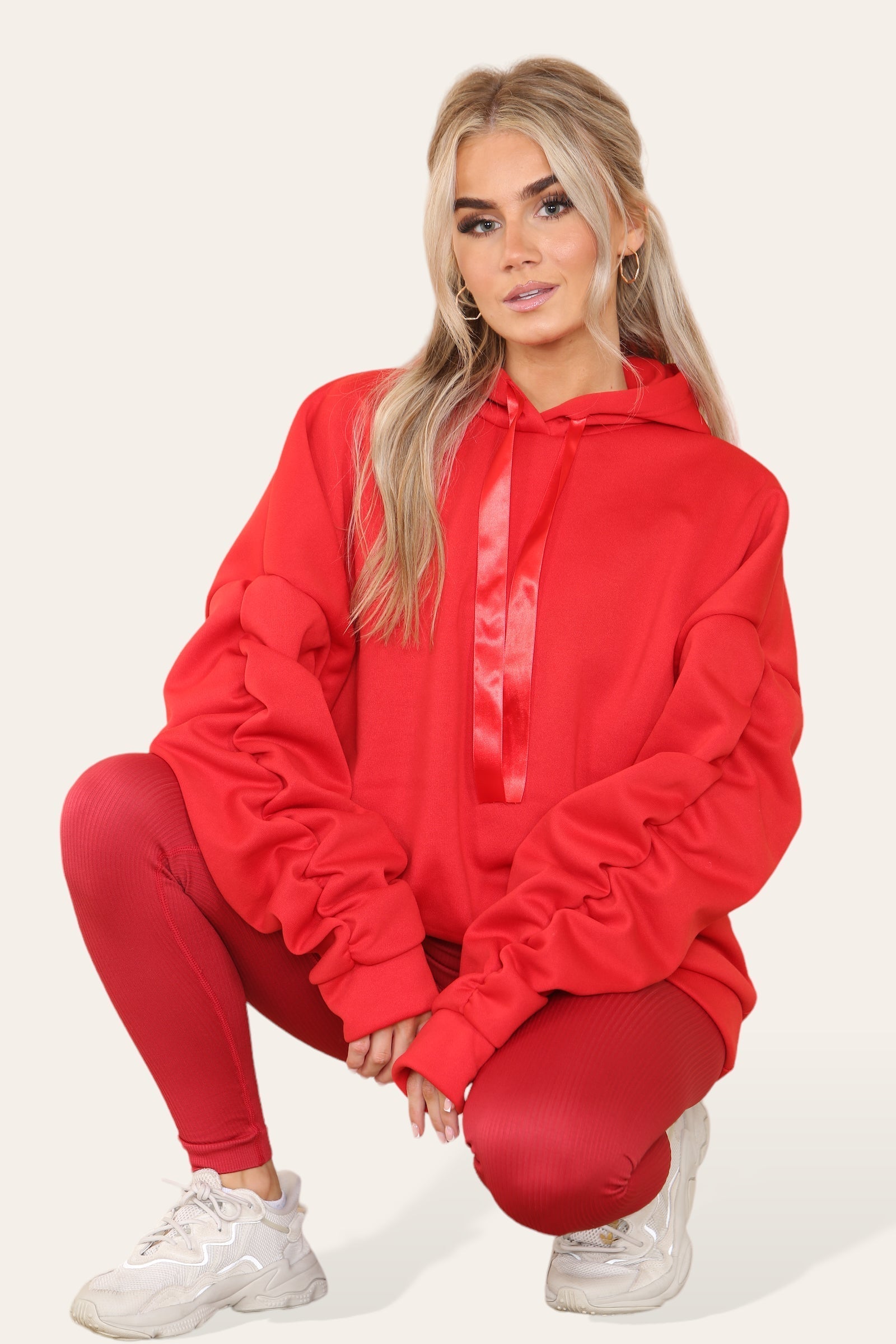 Oversized Ruched Sleeves Hoodie With Satin Ribbon with High Waist High Rise Seamless Ribbed Legging Set Hoodies & Pullover WearAll