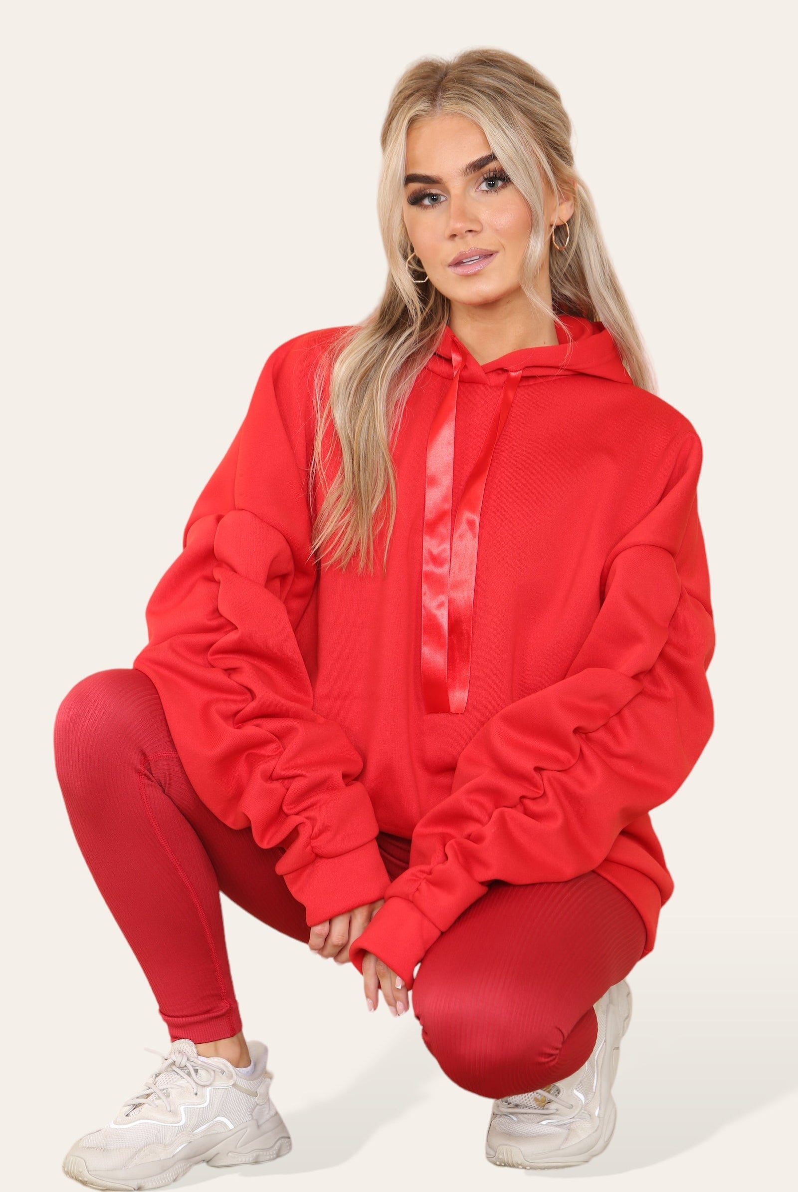 Oversized Ruched Sleeves Hoodie With Satin Ribbon Hoodies & Pullover WearAll