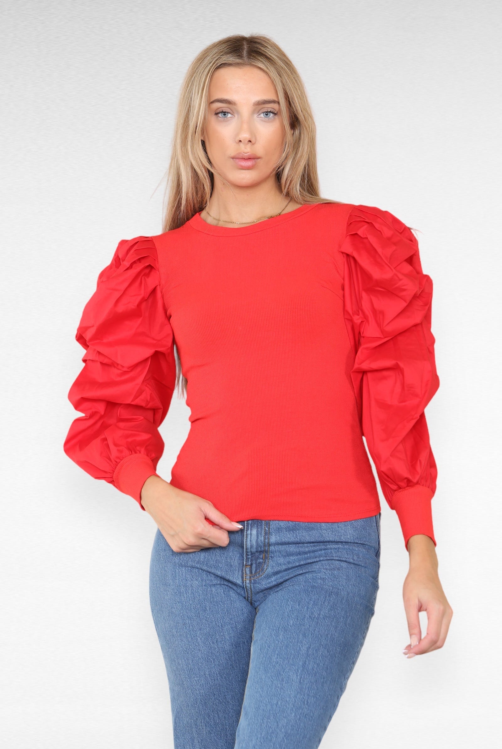 Oversized Puff Sleeves Ribbed Top Top & Bodysuit WearAll Red 6-8